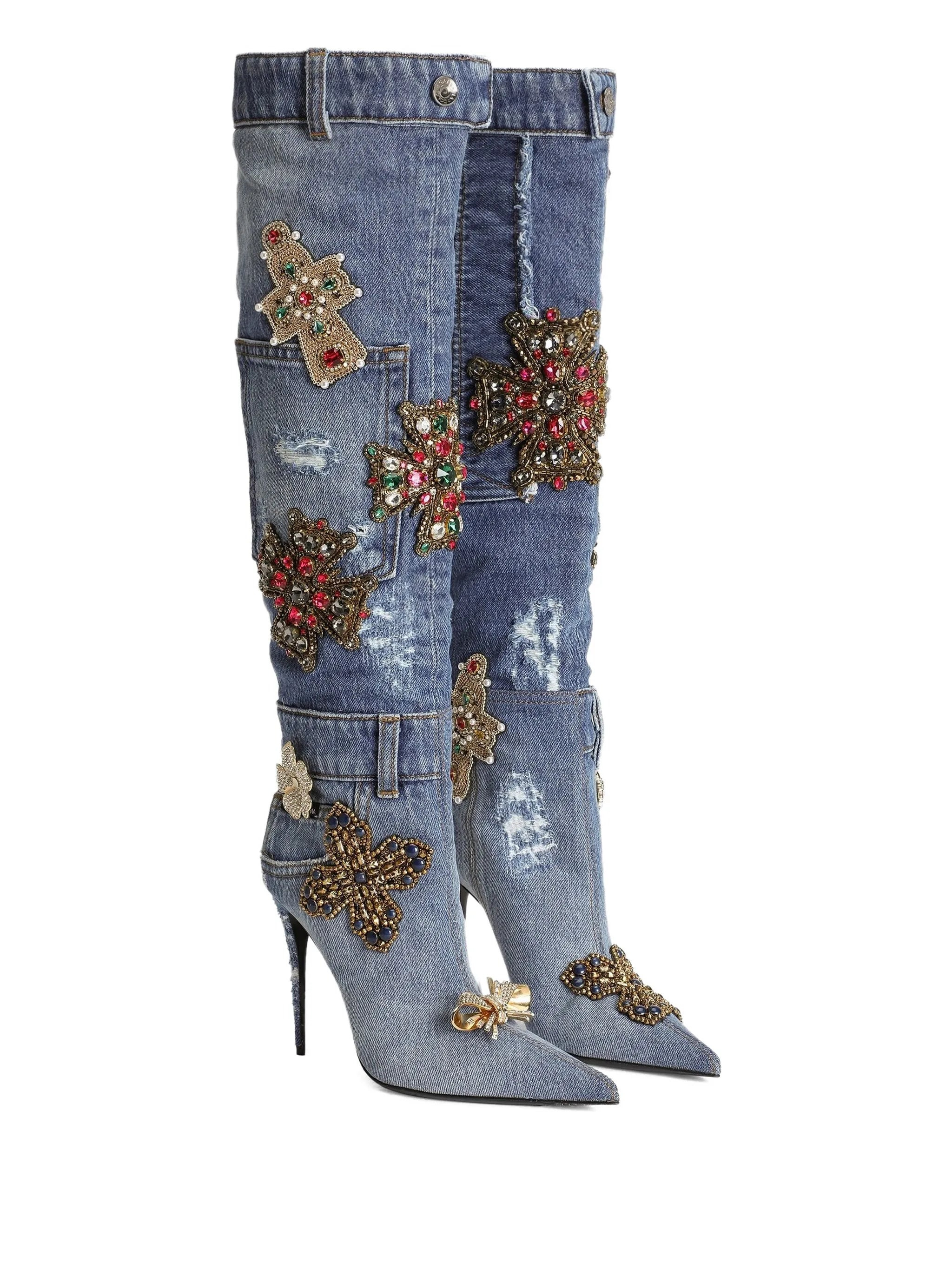 Dolce & Gabbana 105mm Embroidered Patchwork Denim Boots - 3