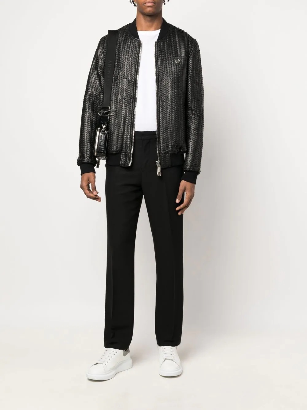 woven leather bomber jacket - 2