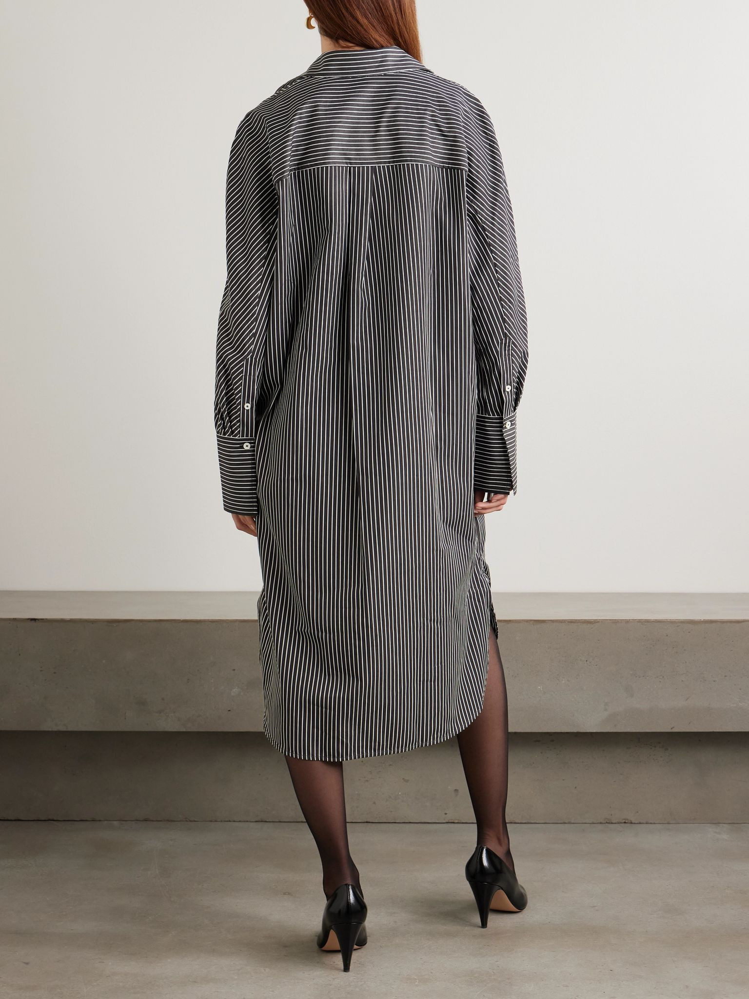 Striped organic cotton-poplin midi shirt dress Black - 4