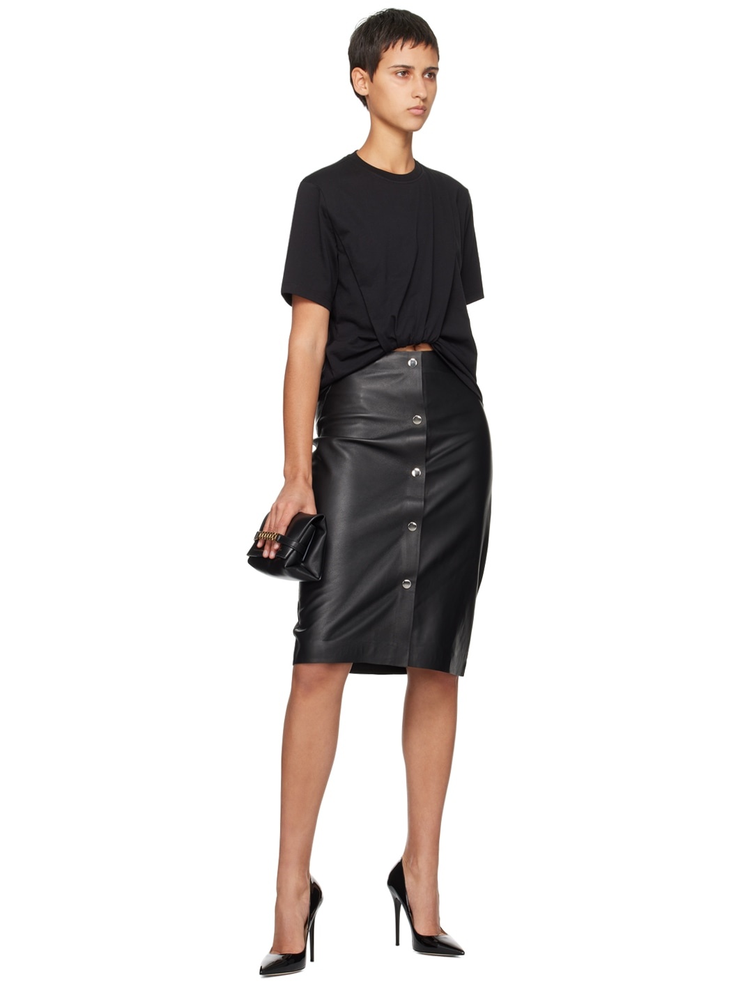 Black Press-Stud Leather Midi Skirt - 4