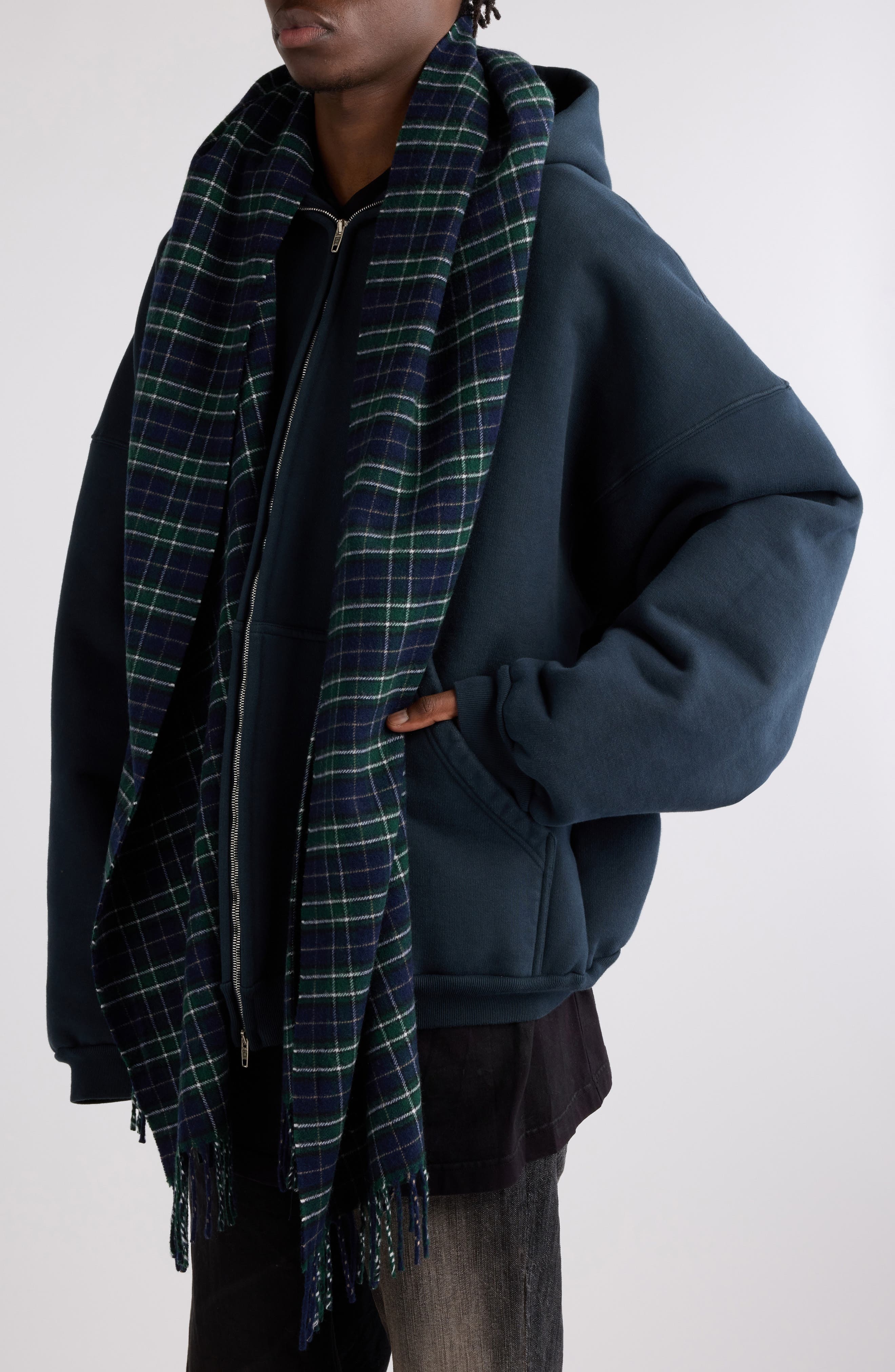 Balenciaga Oversize Full Zip Hoodie with Scarf Detail in Deep Blue/Black at Nordstrom - 5