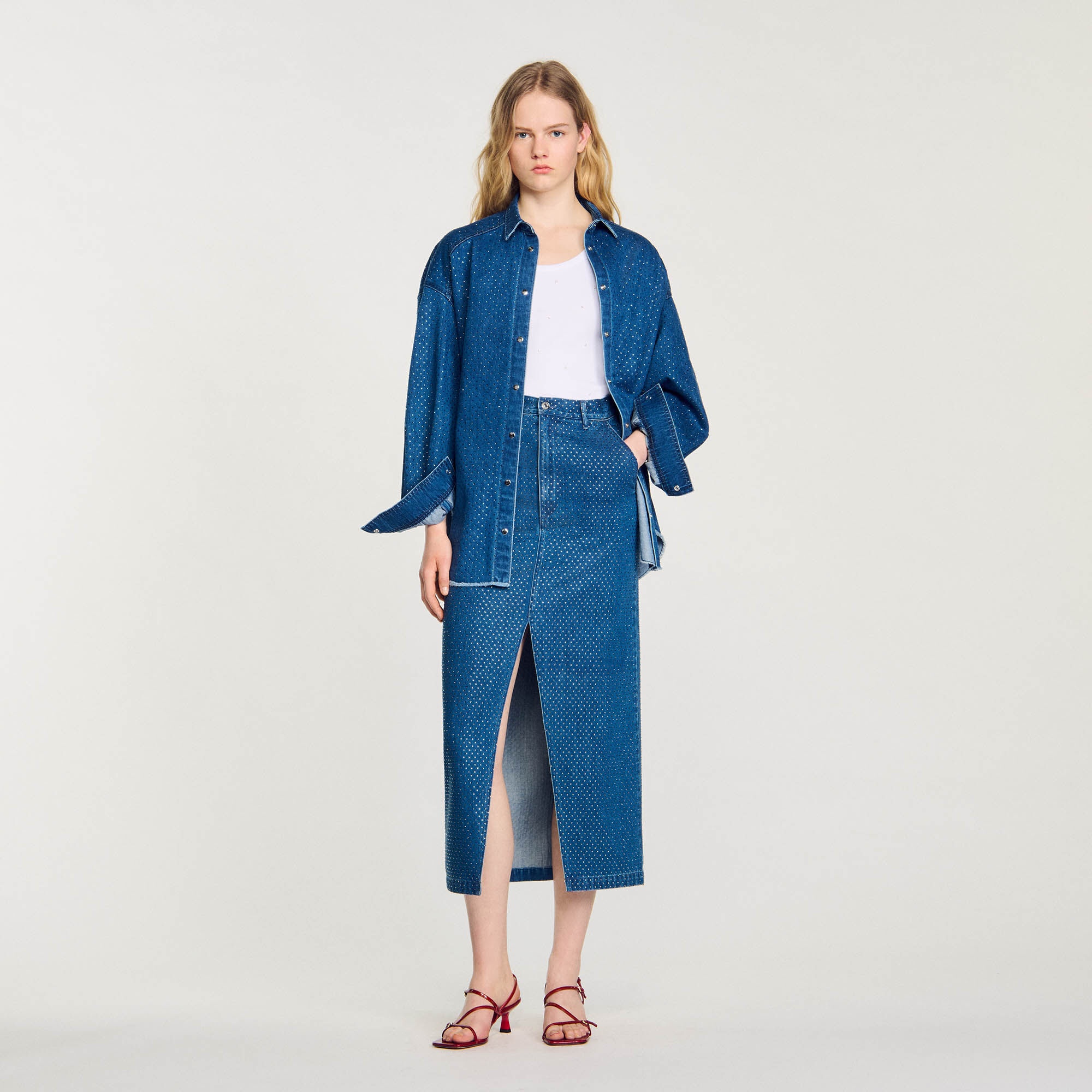 RHINESTONE DENIM MAXI SKIRT - 7