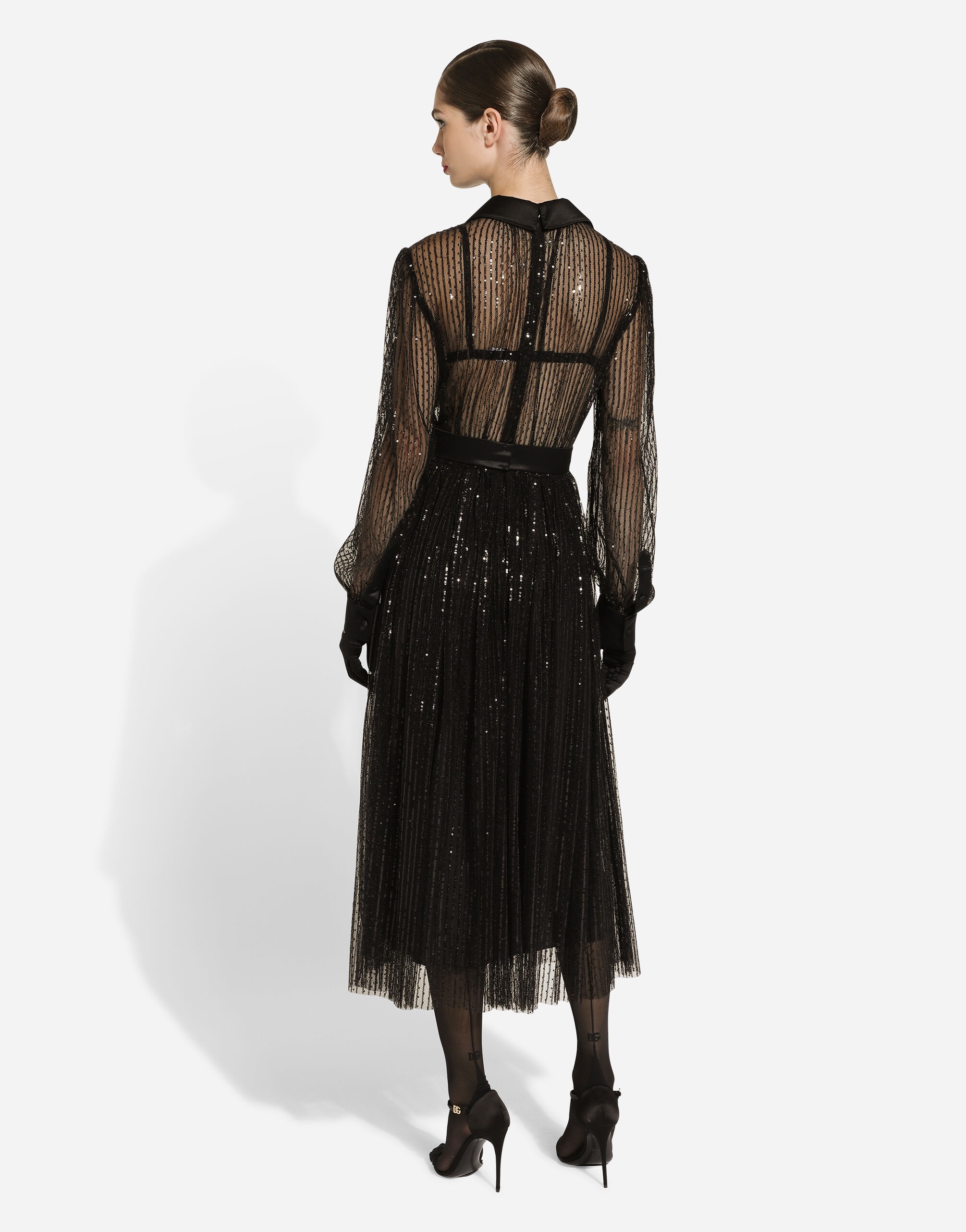Calf-length tulle tuxedo shirt dress with sequin embellishment - 4
