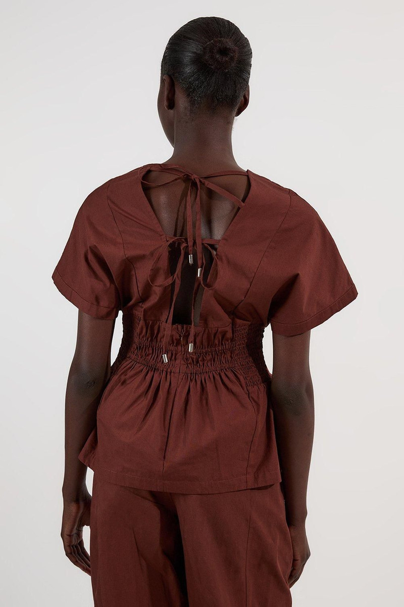 Shirred Cotton Woven Plunge Neck Short Sleeve Top 6