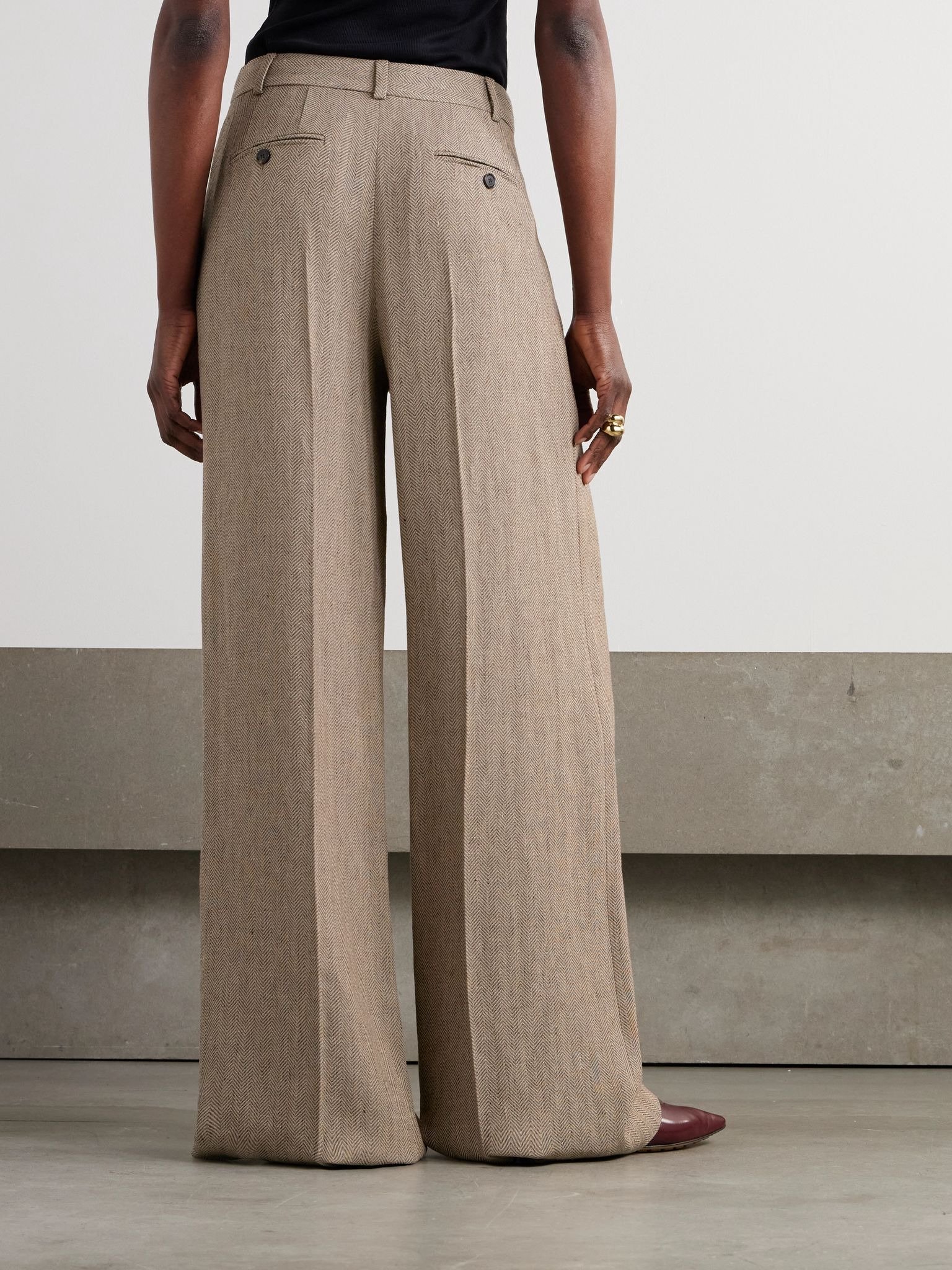 Nyack pleated herringbone linen wide-leg pants Brown - 4