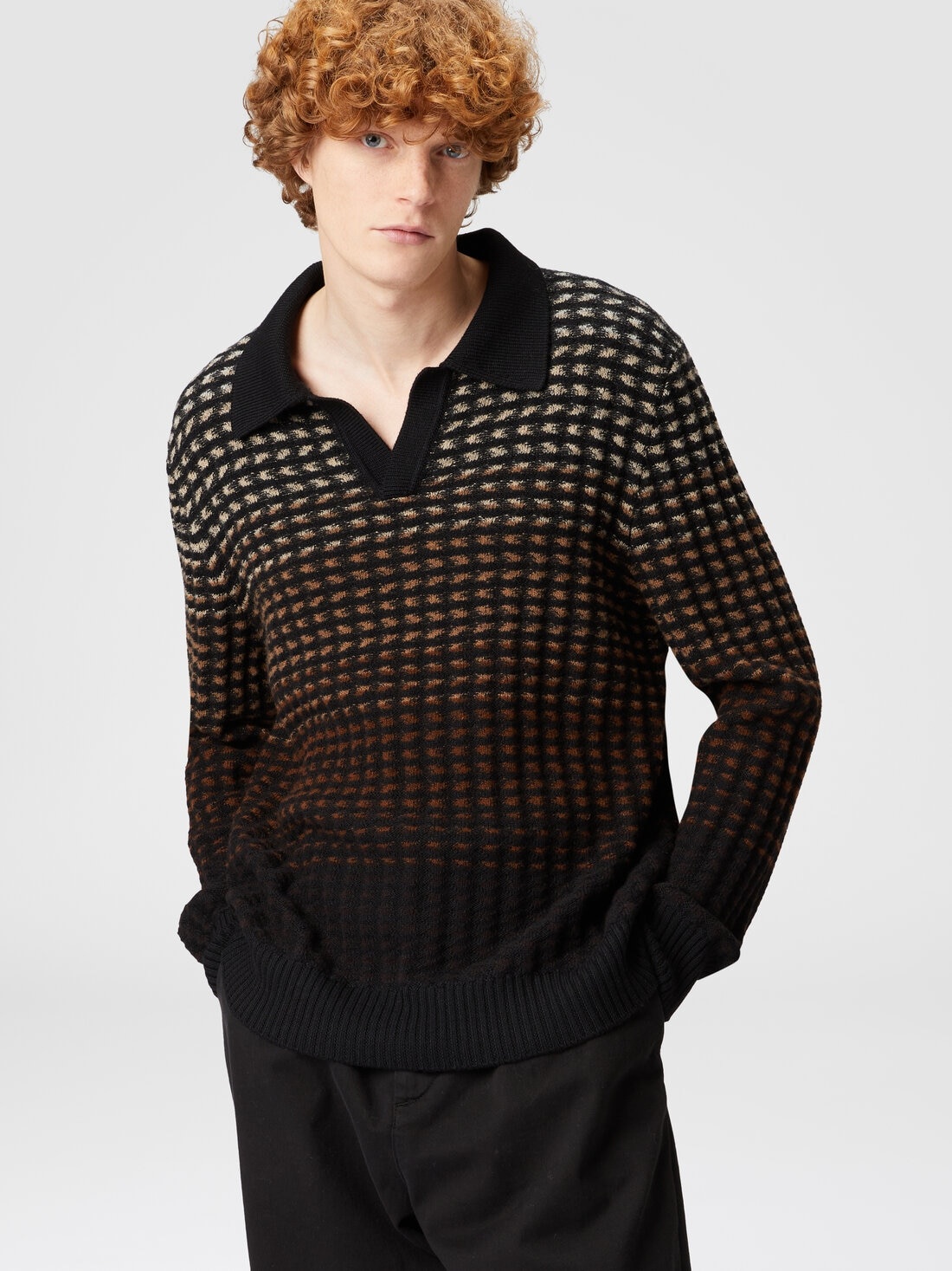 Long-sleeved polo shirt in textured virgin wool knit - 4