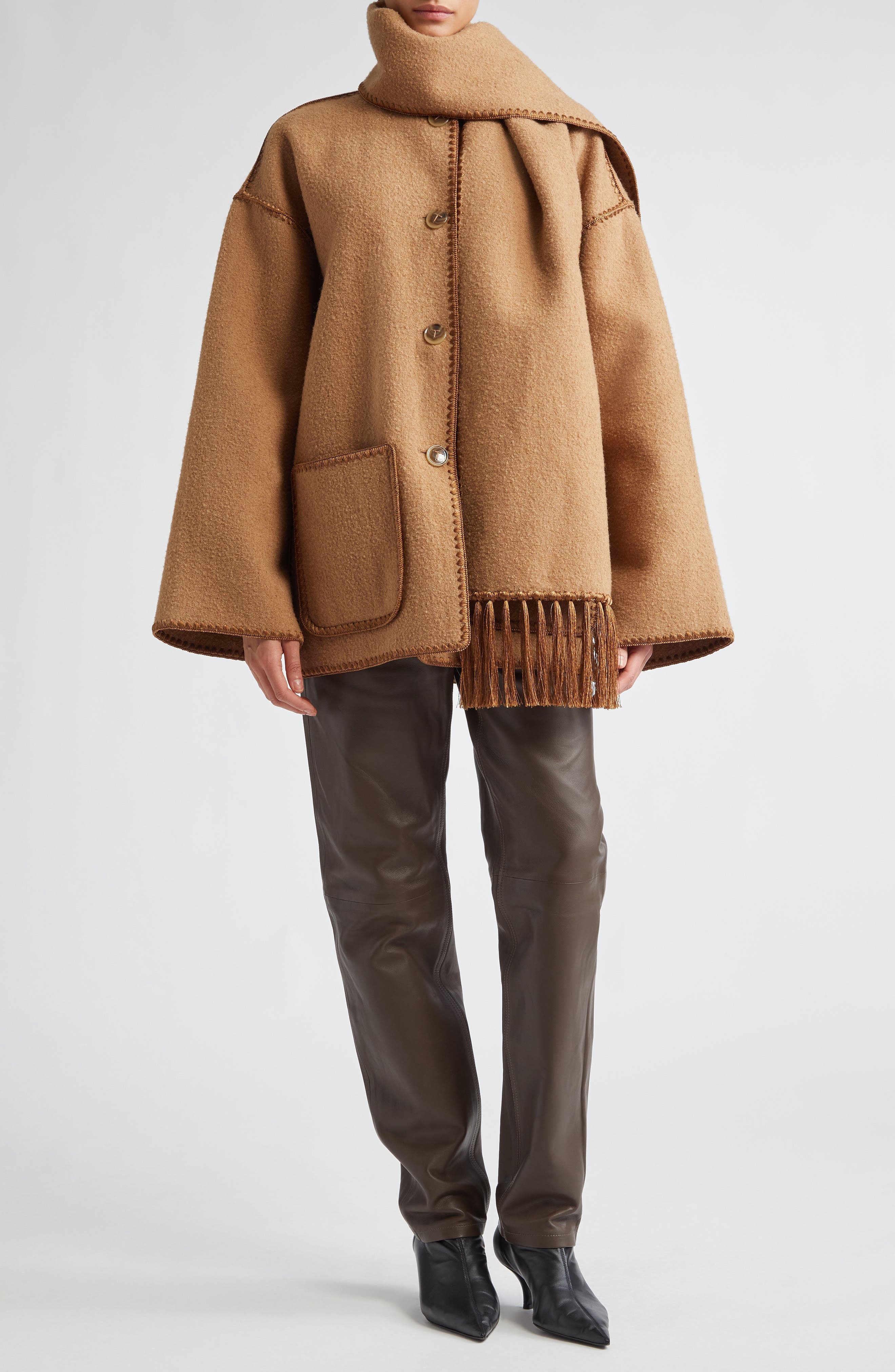 TOTEME Chain Stitch Wool Blend Scarf Jacket in Camel at Nordstrom - 2