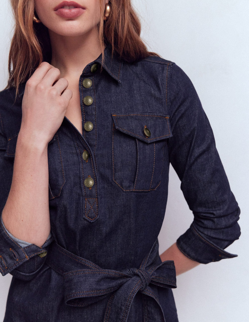 Half Placket Denim Dress-Indigo Wash 3