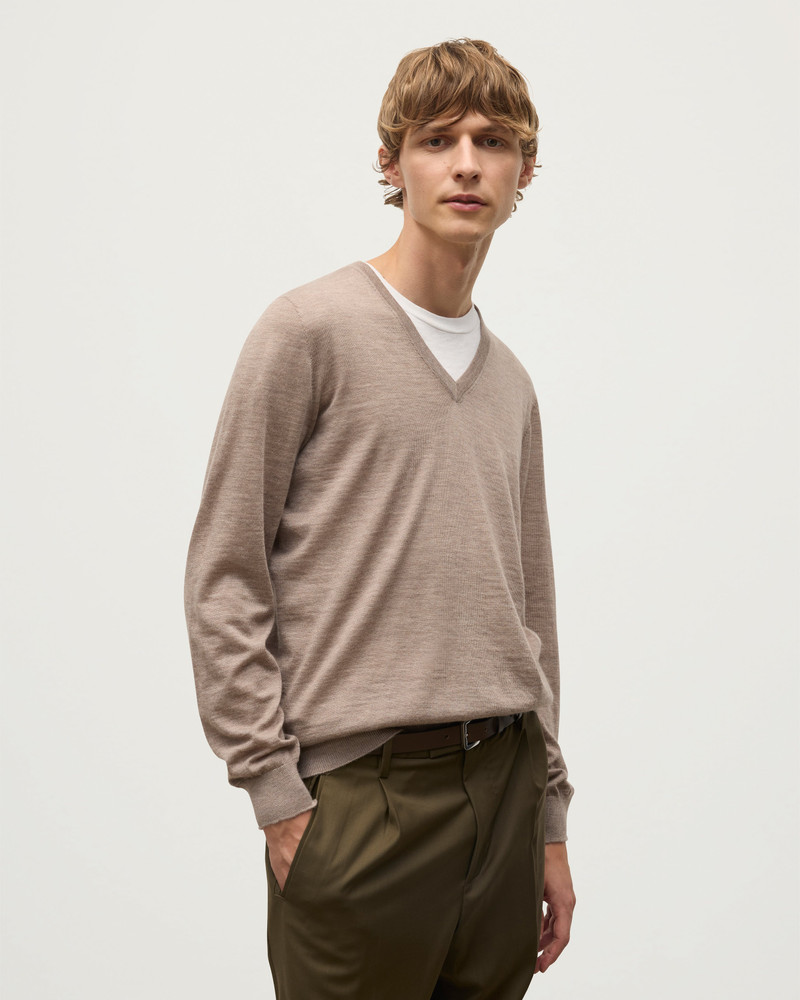 Johnstons of Elgin Fin Light Brown V Neck Superfine Cashmere Jumper outlook