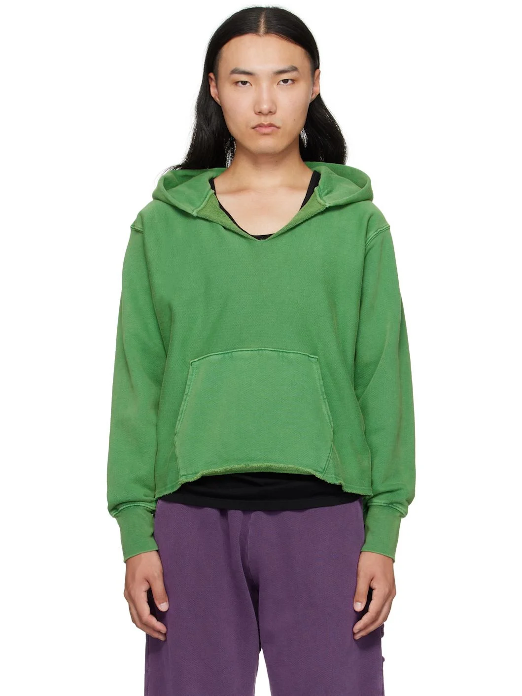 Green Heavyweight Raw Cropped Hoodie - 1