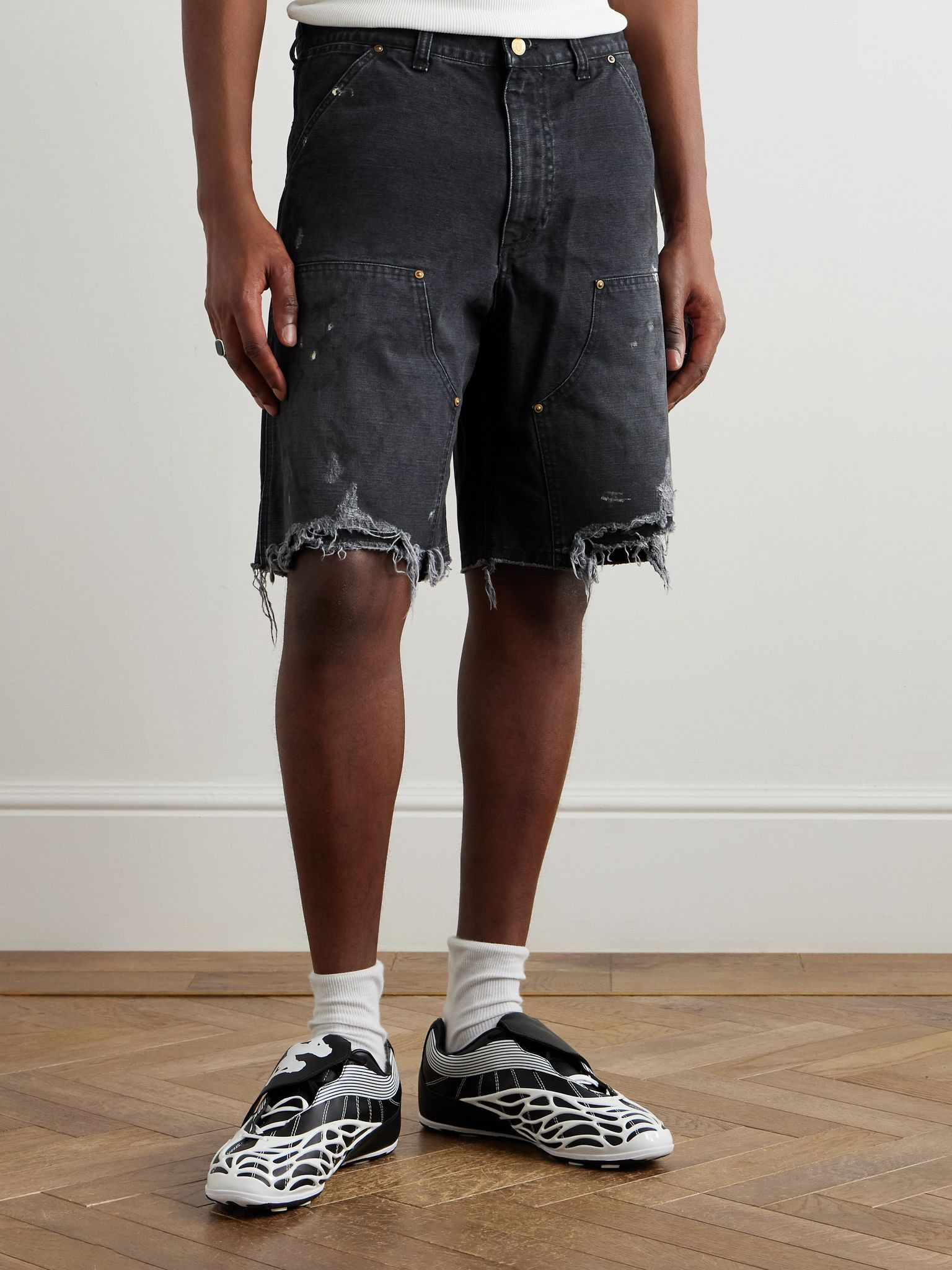 Straight-Leg Distressed Cotton Shorts Black - 3