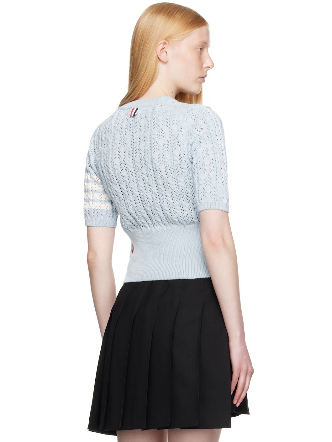 Blue Pointelle Cable Stitch 4-Bar Sweater - 3