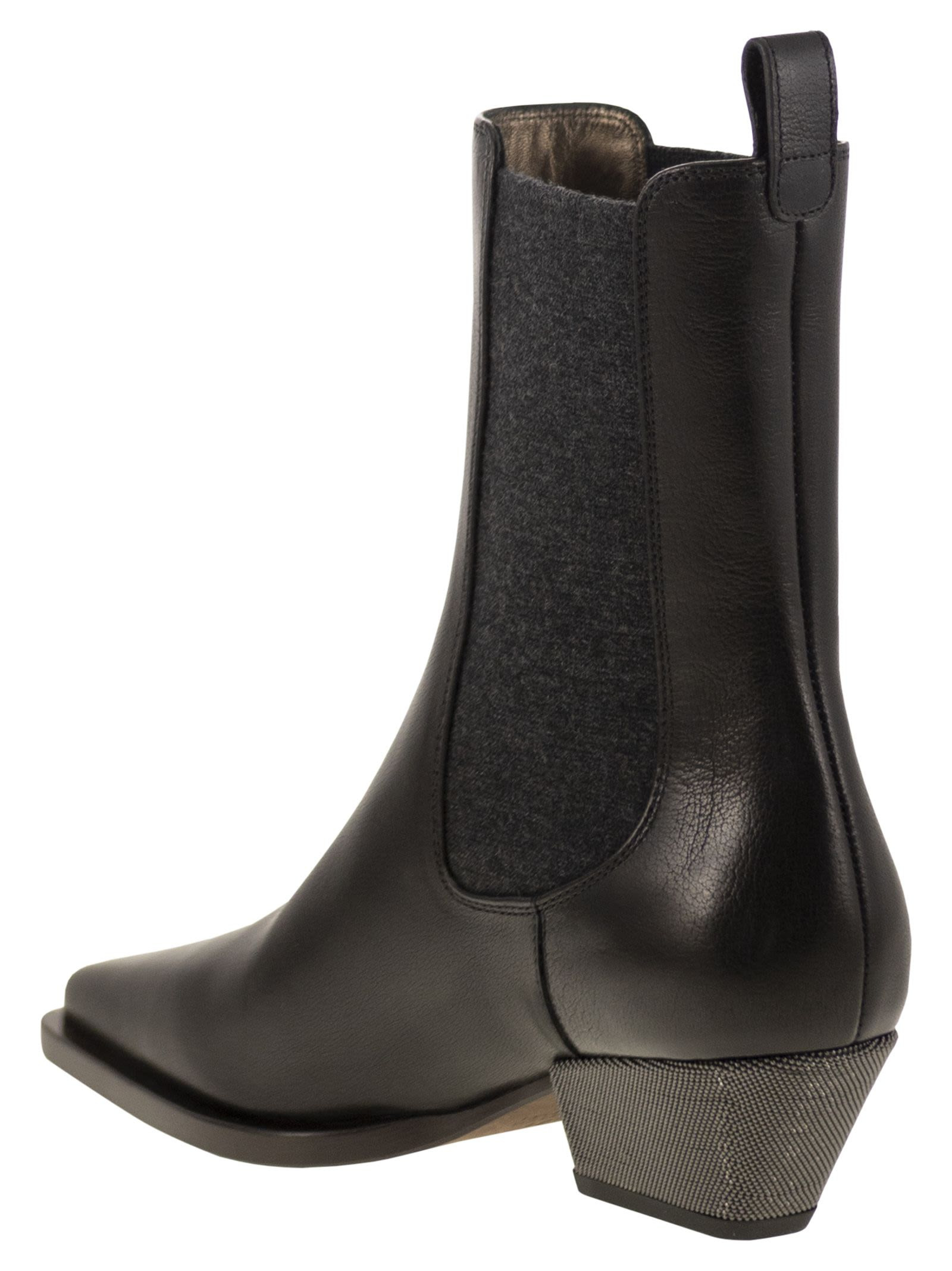 Brunello Cucinelli Women Classic Leather Chelsea Boot With Precious Block Heels - 3