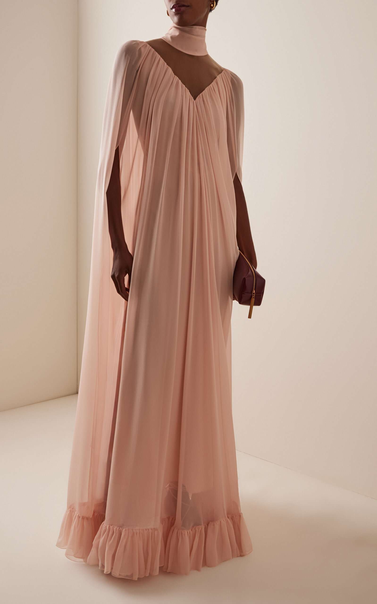 Ruffled Silk-Chiffon Cape Gown pink - 2