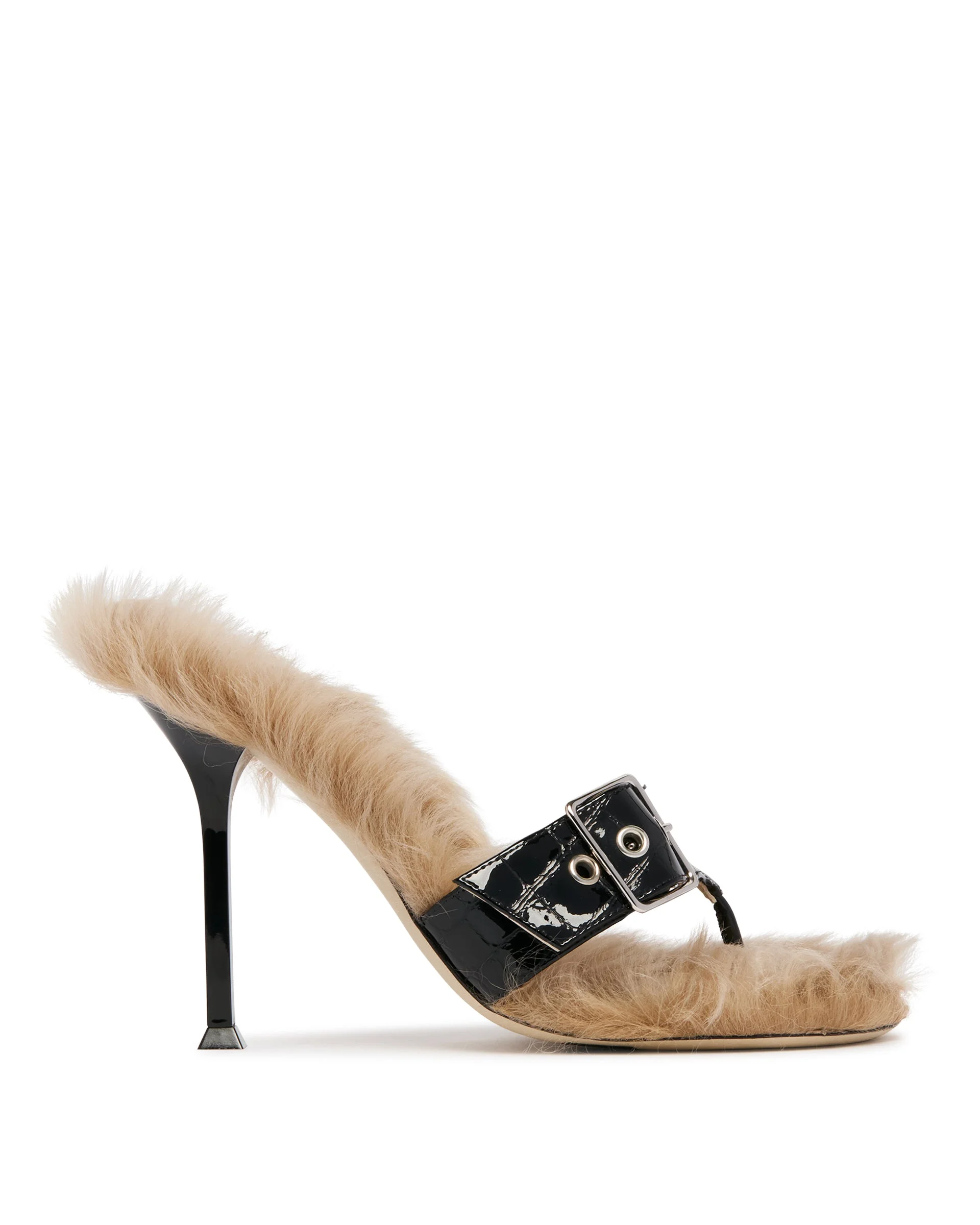 Black High Fur Thong Sandals - 1