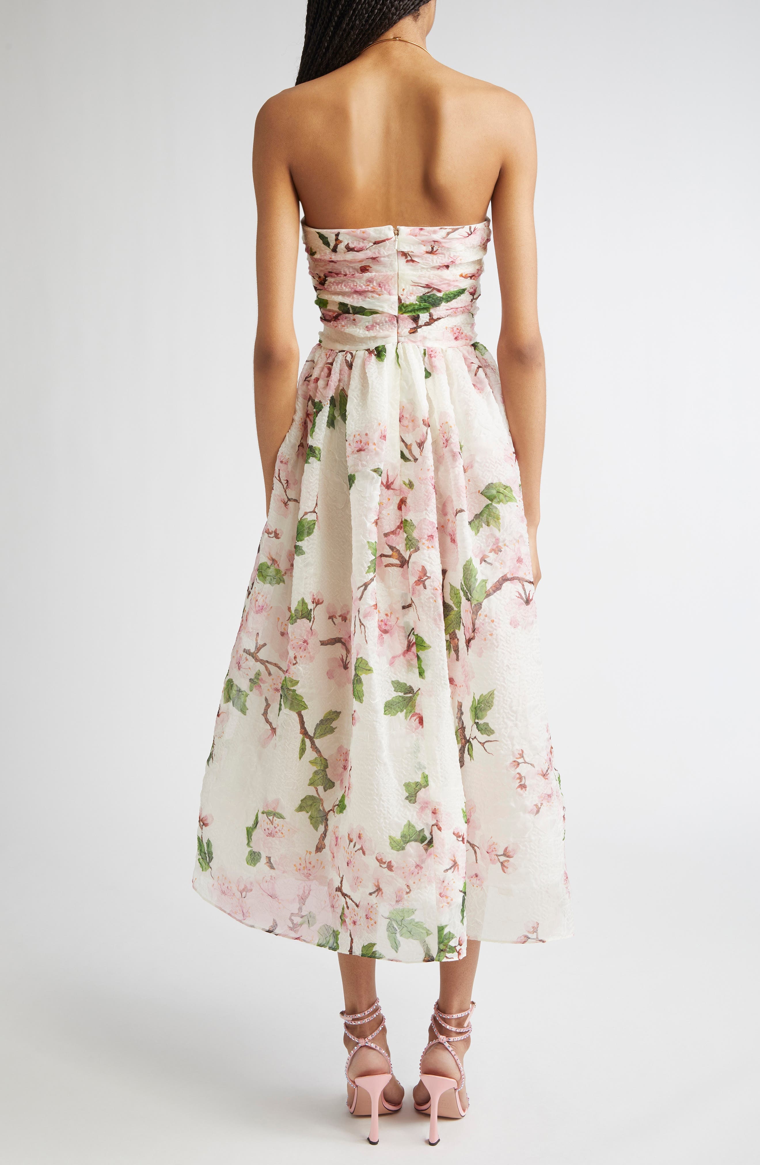 Oscar de la Renta Cherry Blossom Strapless Organdy Midi Dress in Pink/Ivory at Nordstrom - 2