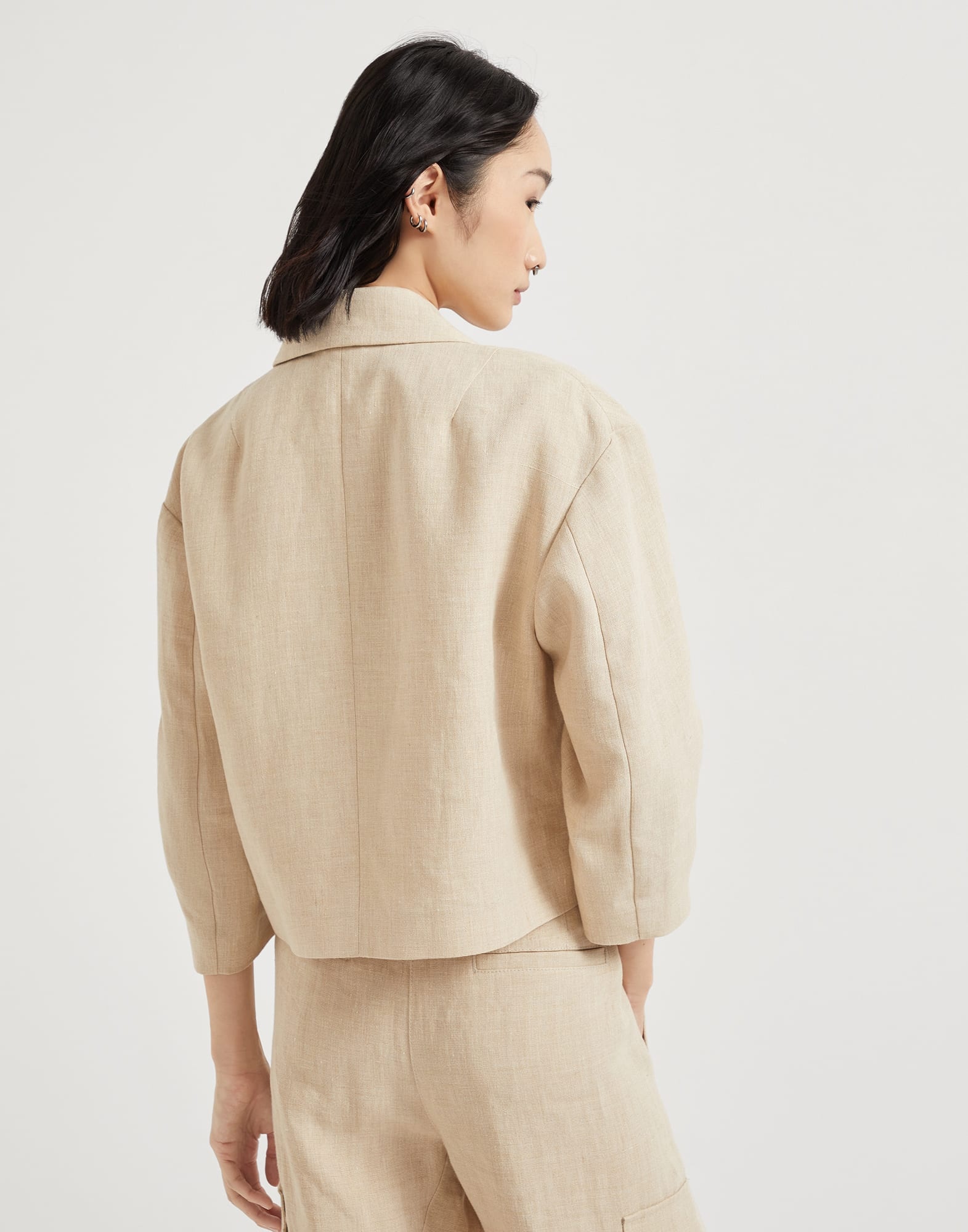 Linen panama cropped blazer with monili - 2