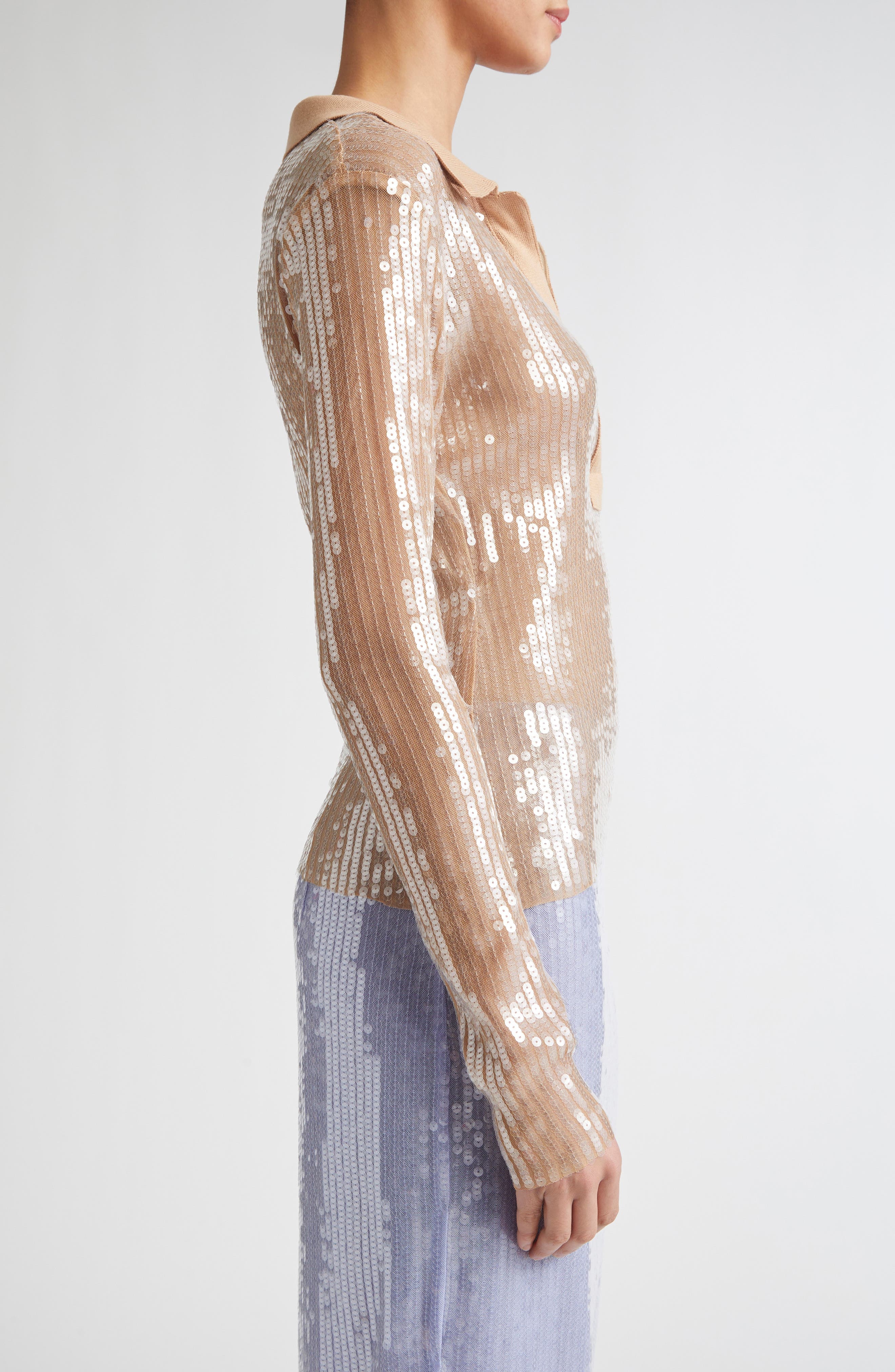 MONSE Long Sleeve Sequin Mesh Polo in Beige at Nordstrom - 4
