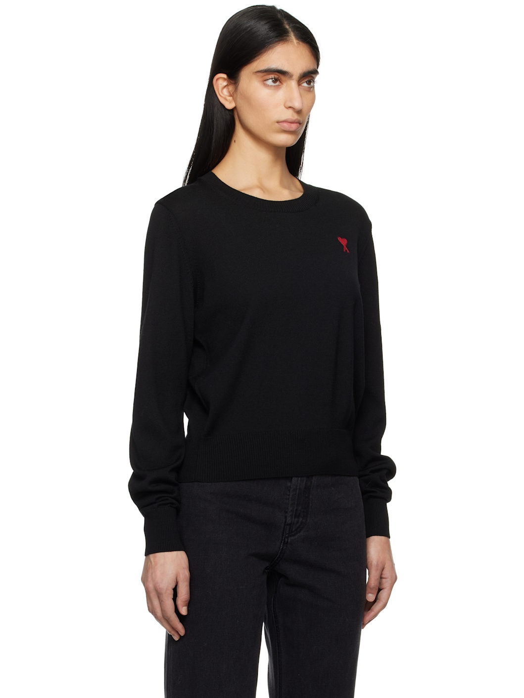 Black Wool Ami de Coeur Crew Neck Sweater - 2