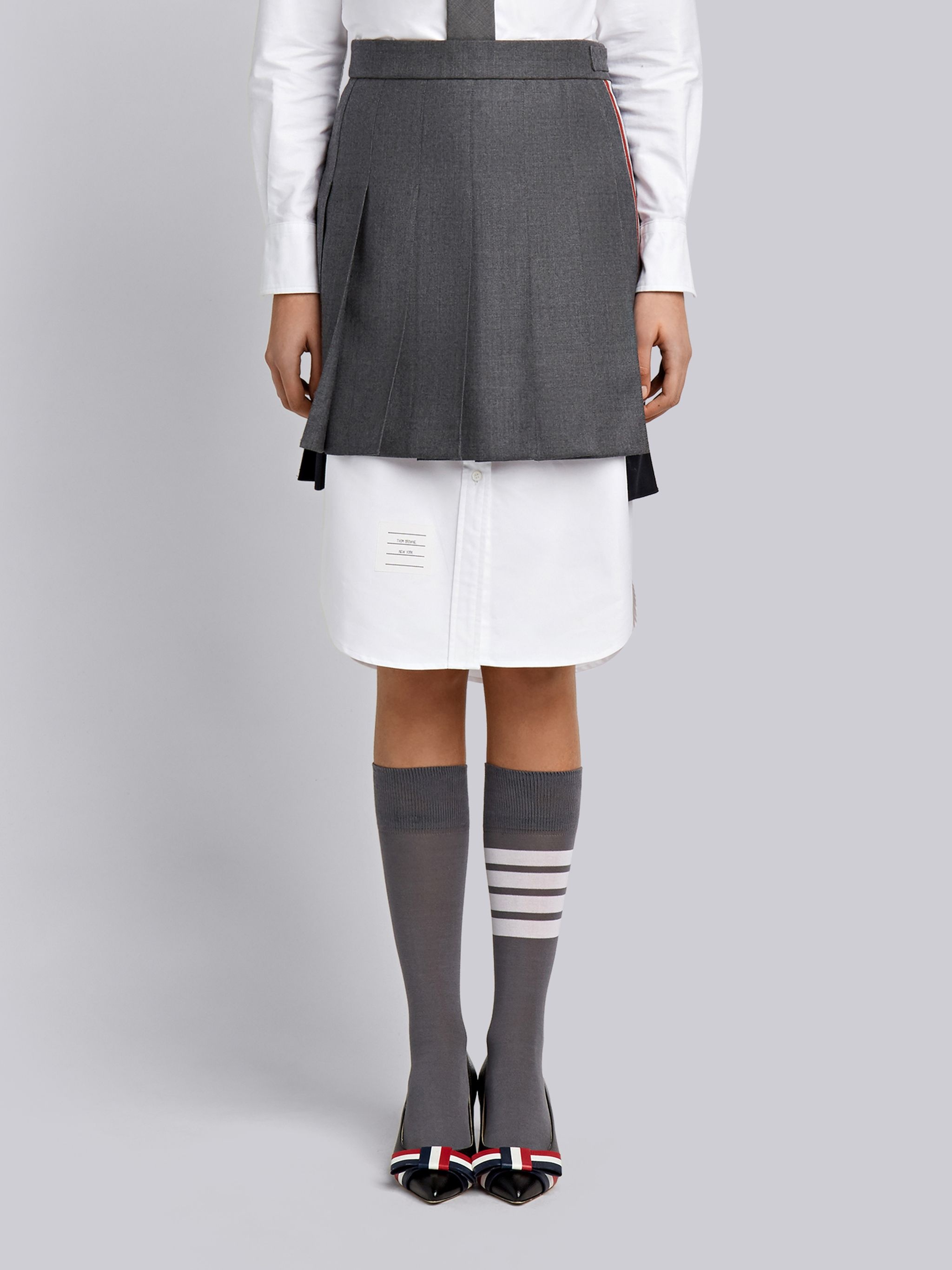 Dark Grey Fun-mix Wool Twill Striped Pleated Mini Skirt - 1