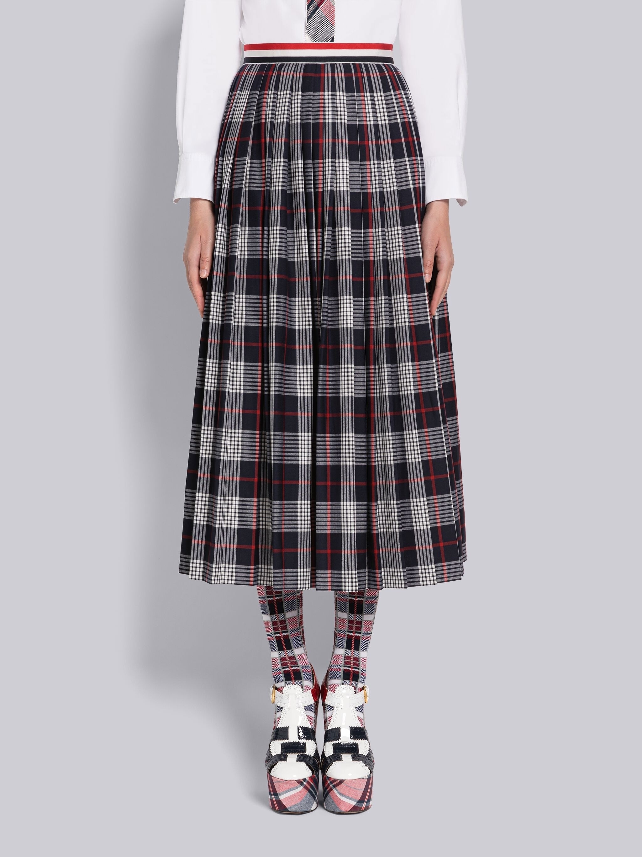 Hairline Check Calf Length Pleated Skirt - 1