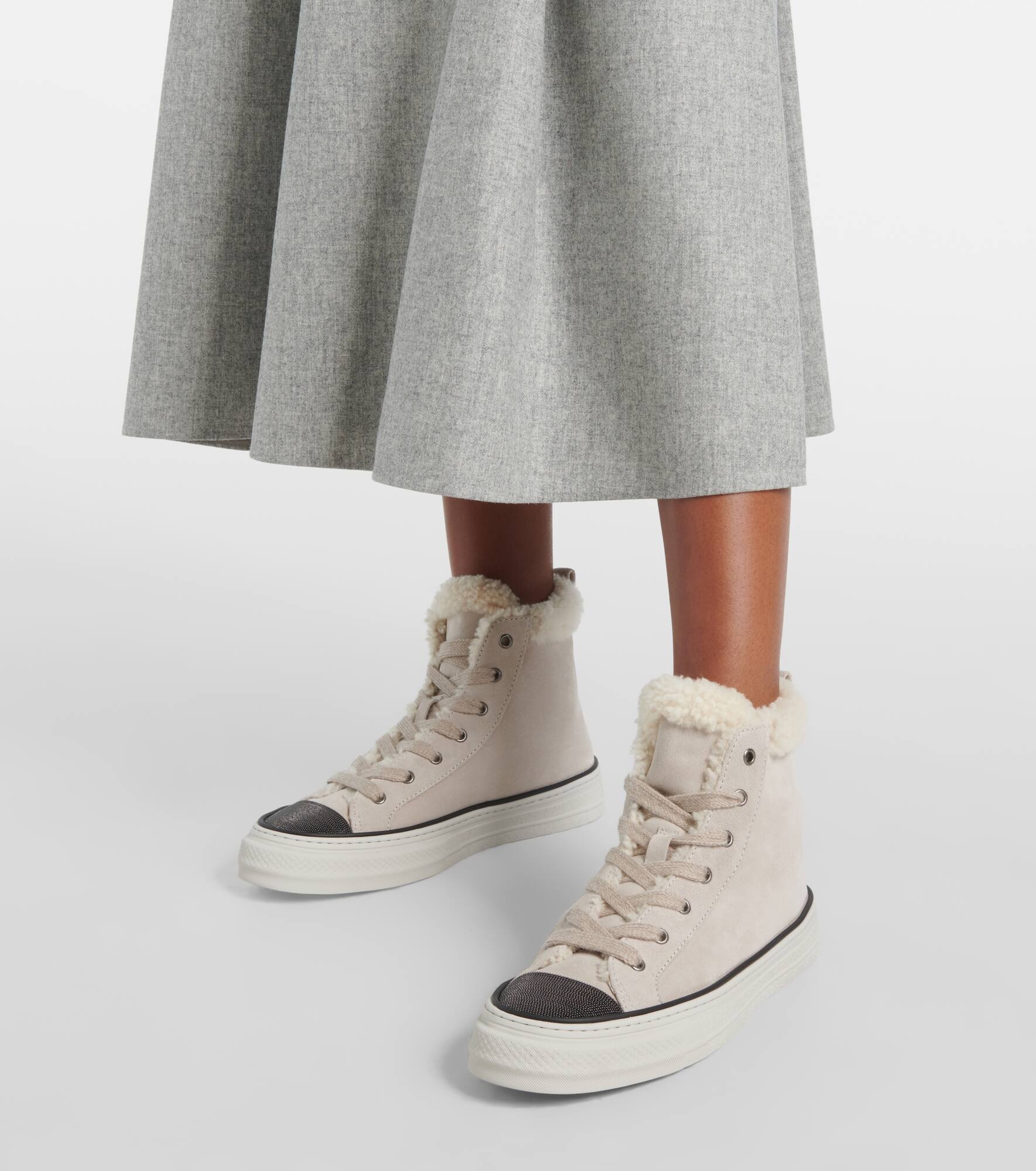 Shearling-trimmed suede high-top sneakers - 4