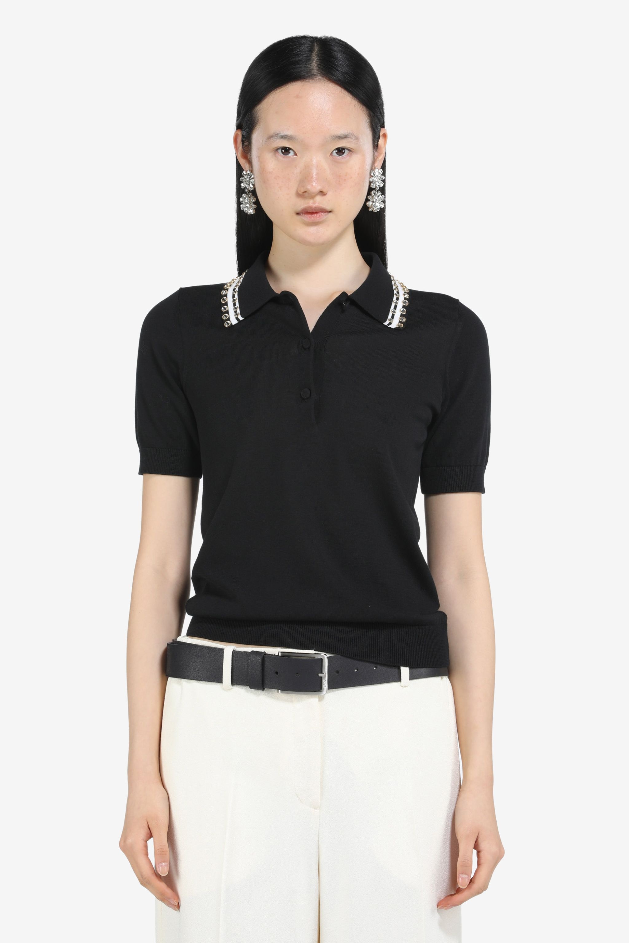 CRYSTAL-EMBELLISHED POLO SWEATER - 1