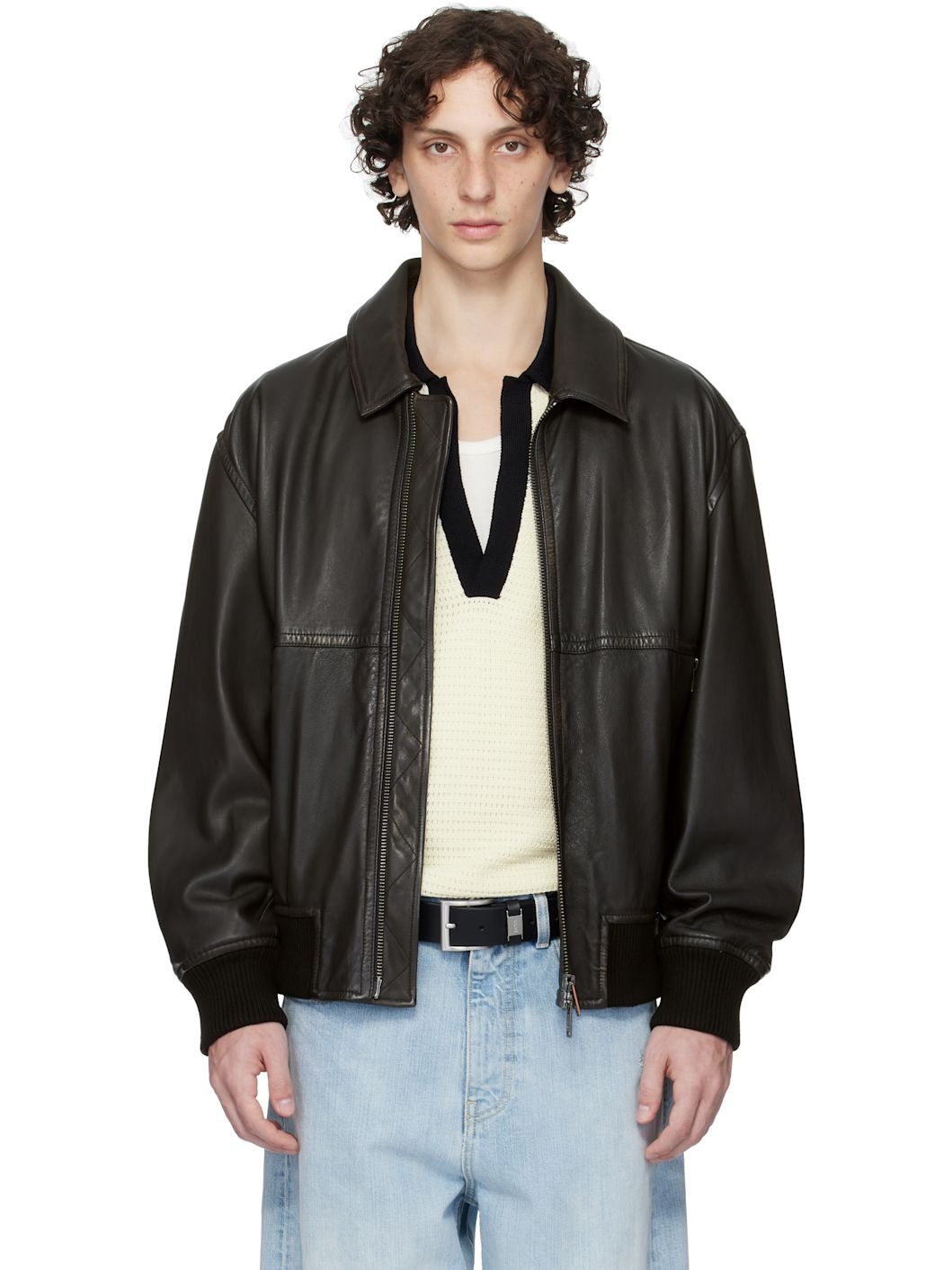 Brown Zip Leather Jacket - 1