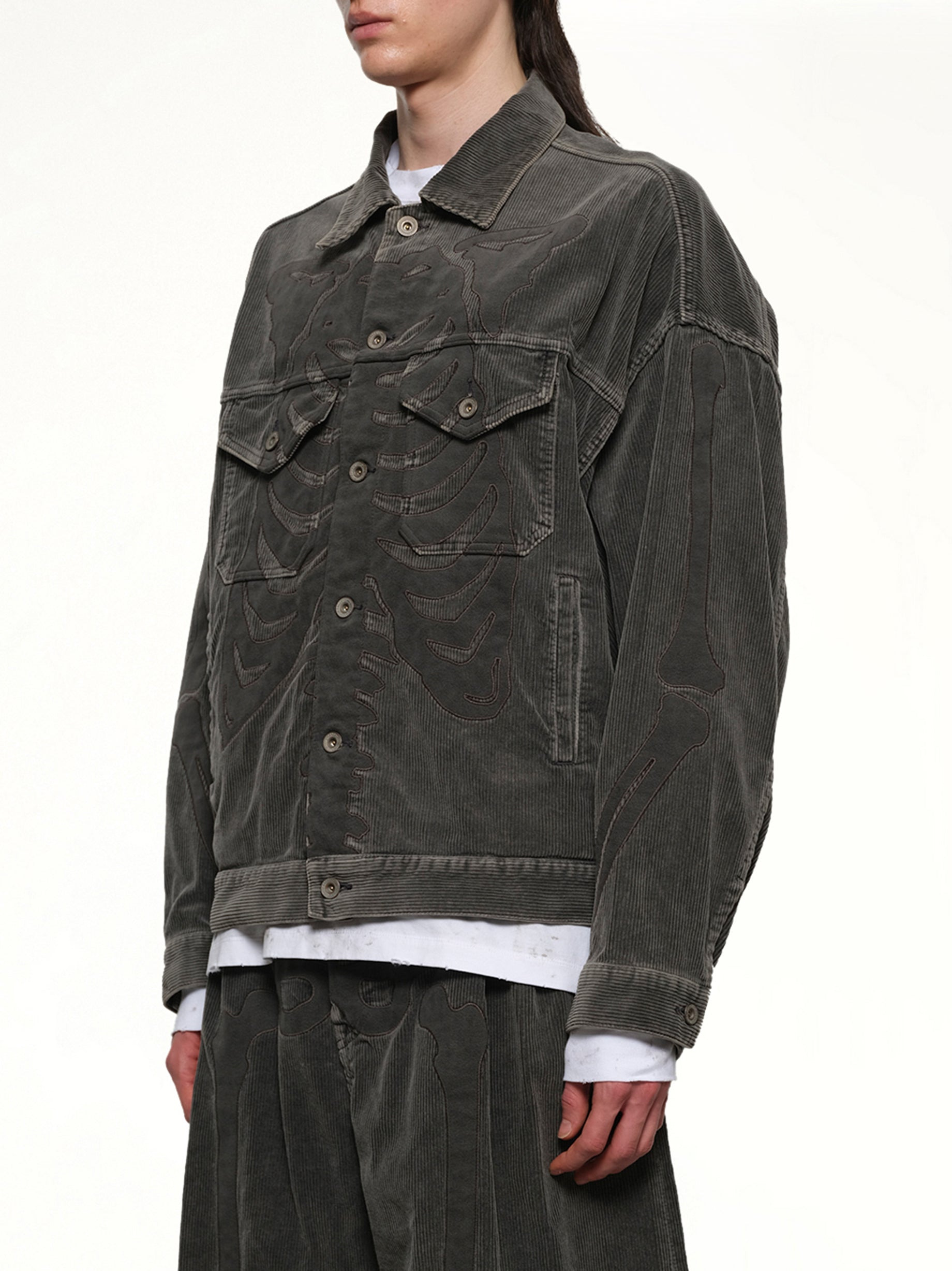 Bone Applique Corduroy Jacket in Grey - 3