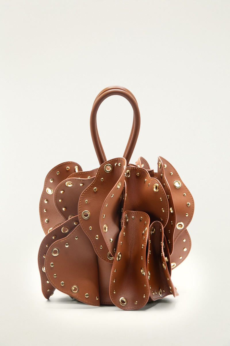 Brown Leather Studded Flower Bag 1