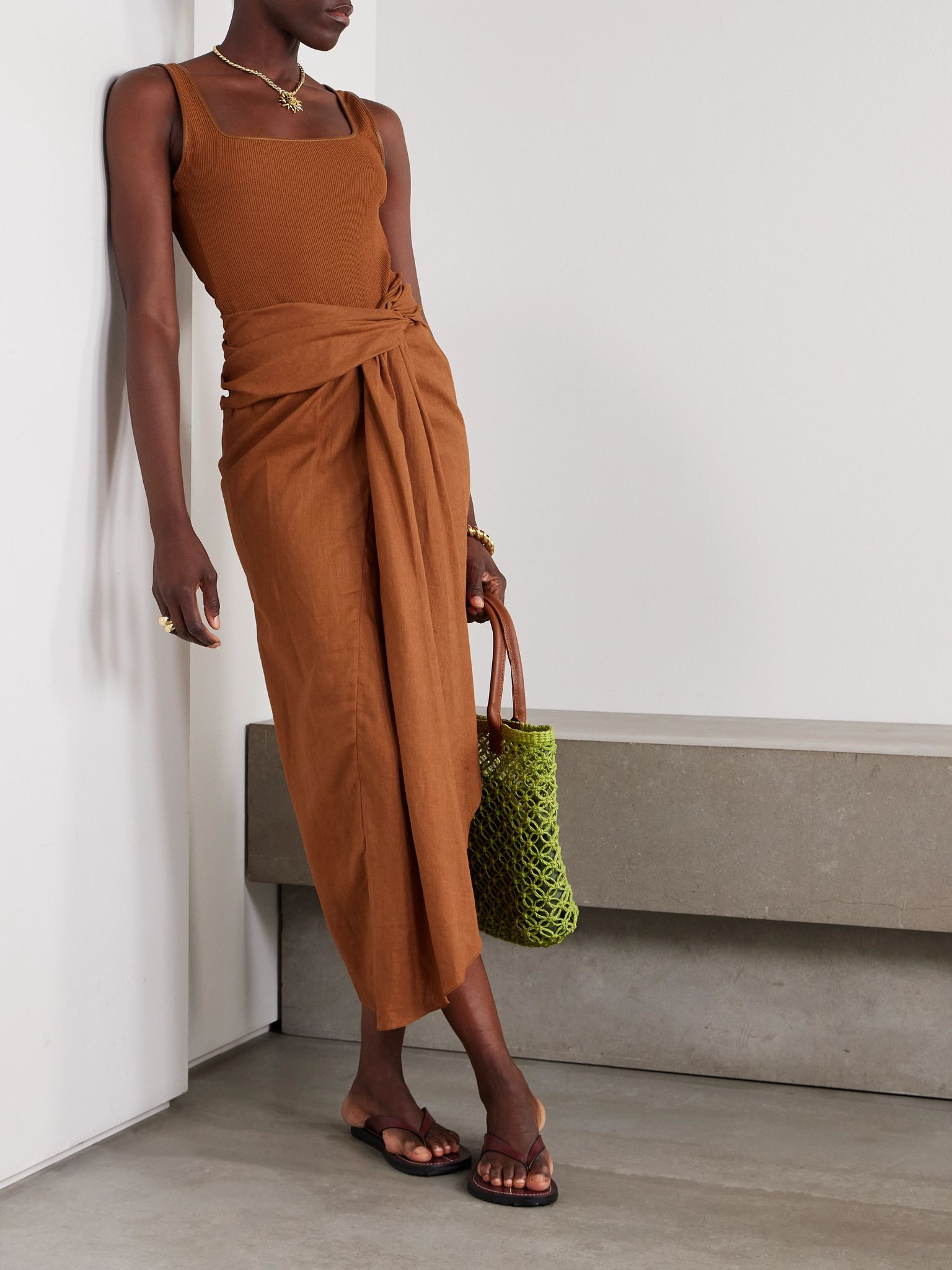 Encanto Pacifico asymmetric linen and ribbed-knit dress Camel - 2