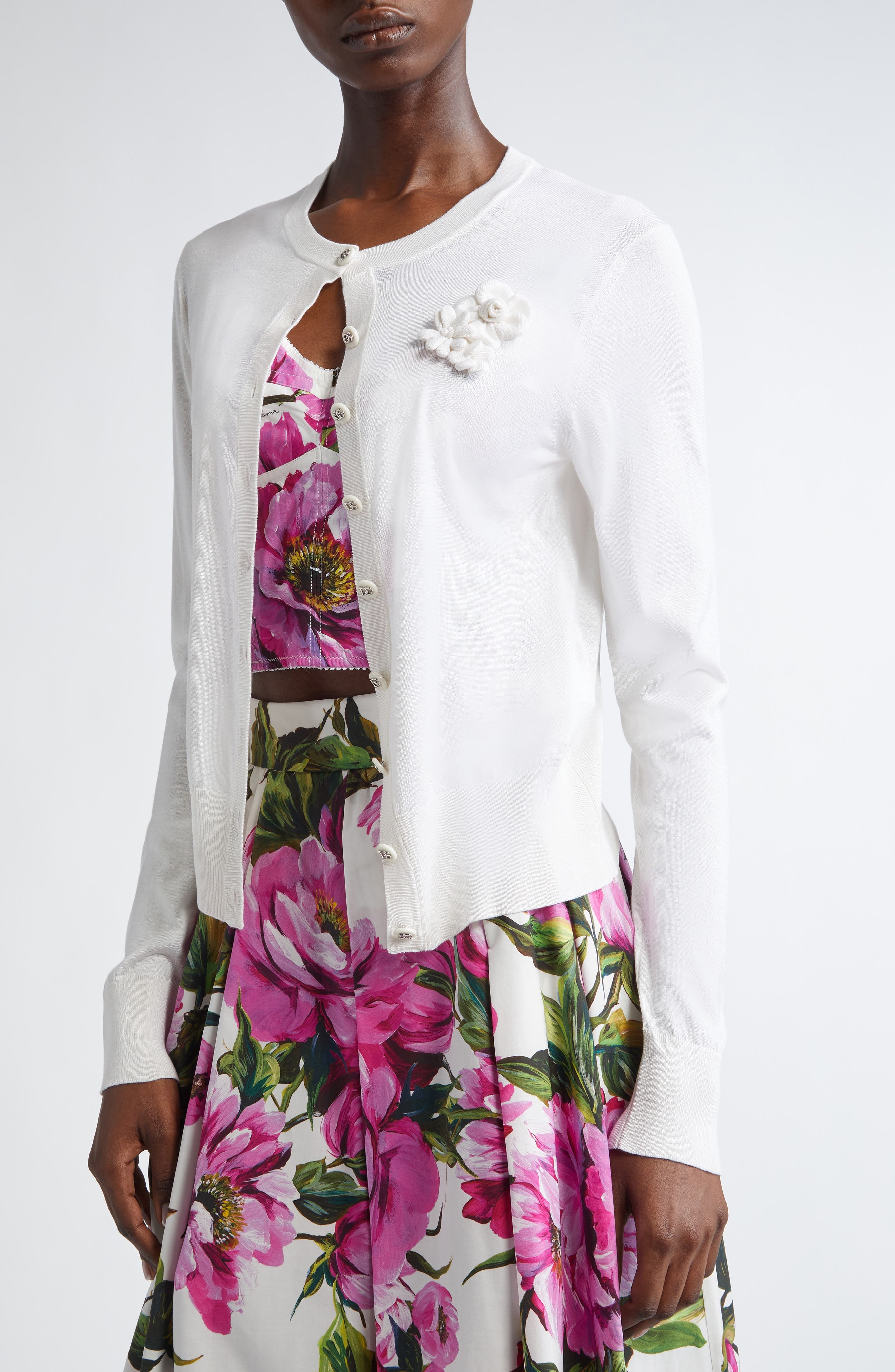 Dolce&Gabbana Floral Appliqué Silk Crewneck Cardigan in Bianco Ottico at Nordstrom - 5