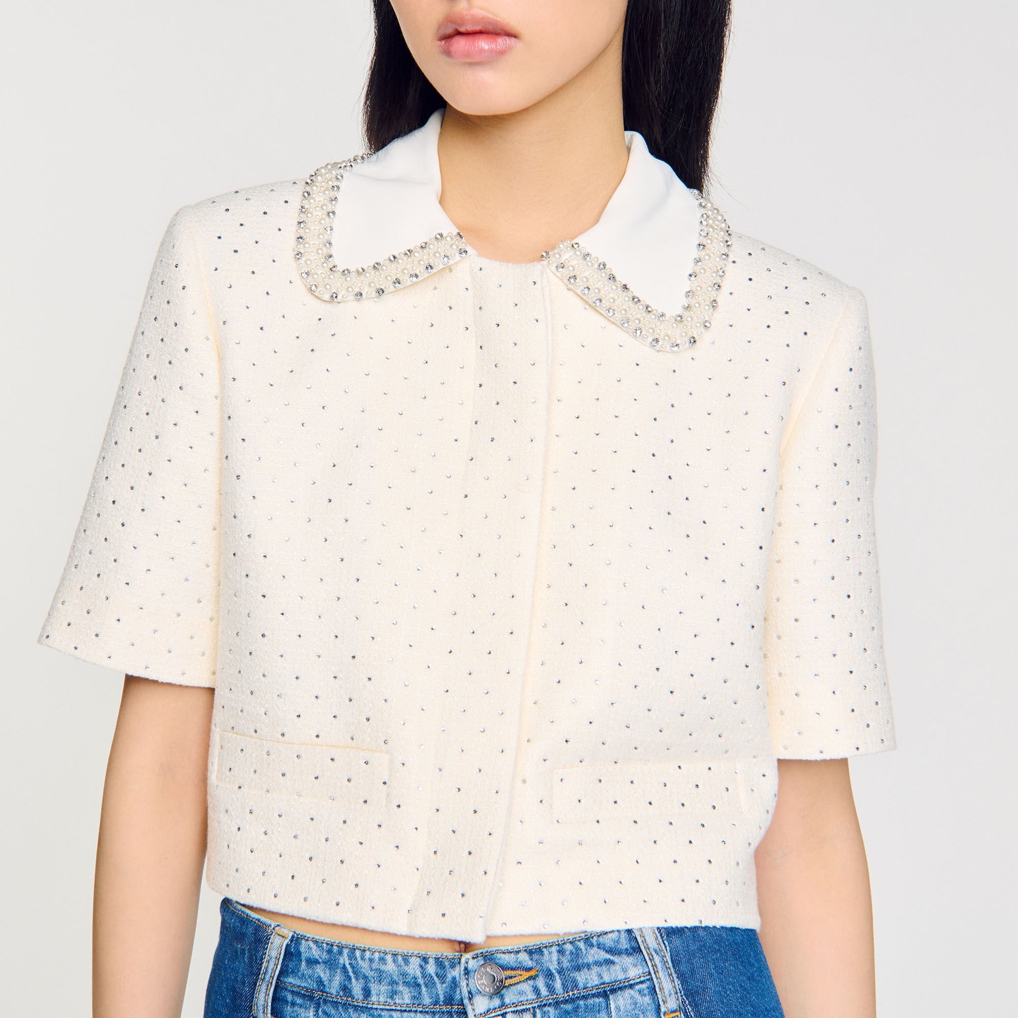 SHORT-SLEEVED RHINESTONE JACKET - 3