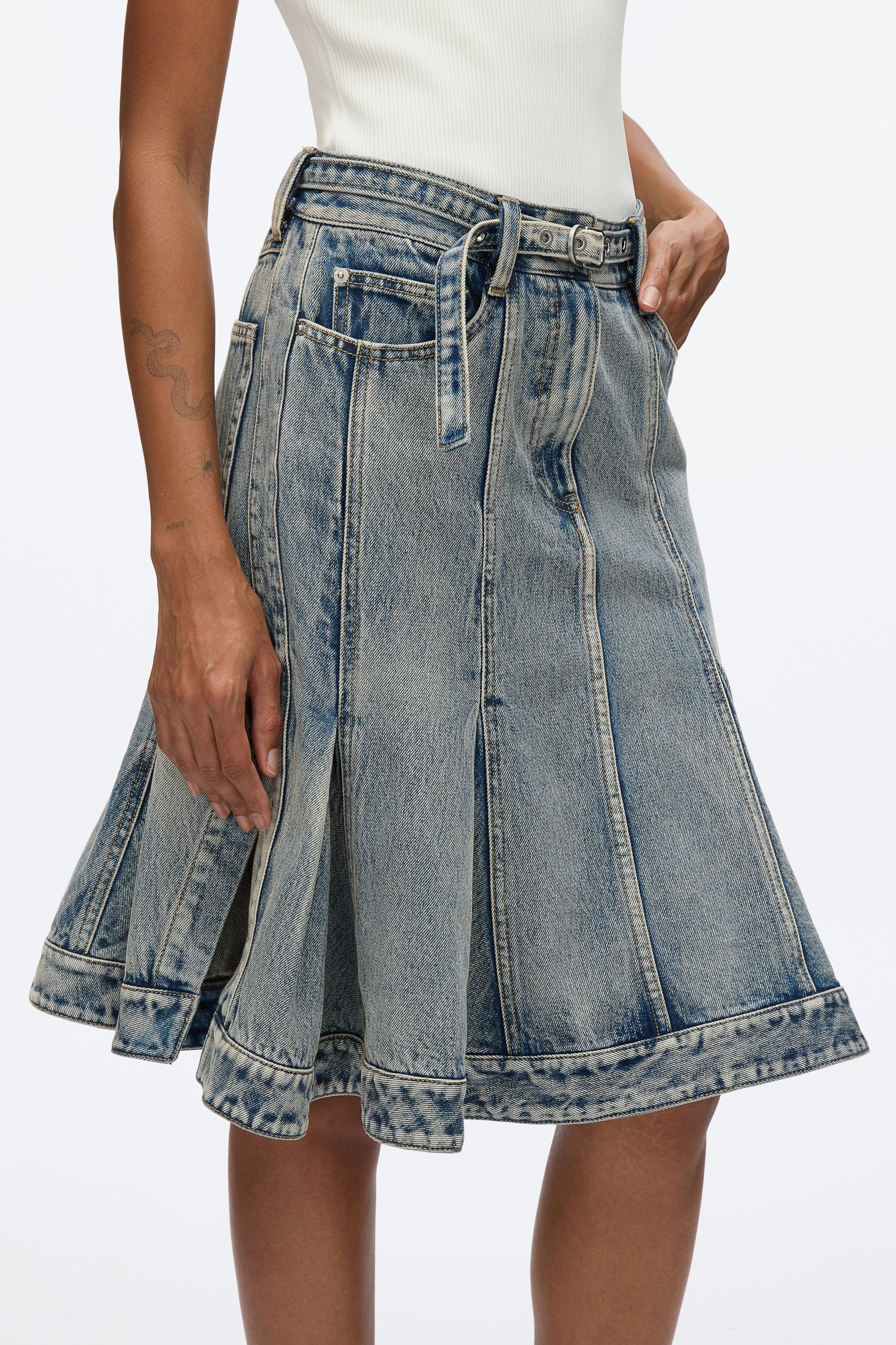 Flounce Hem Belted Denim Skirt - 5