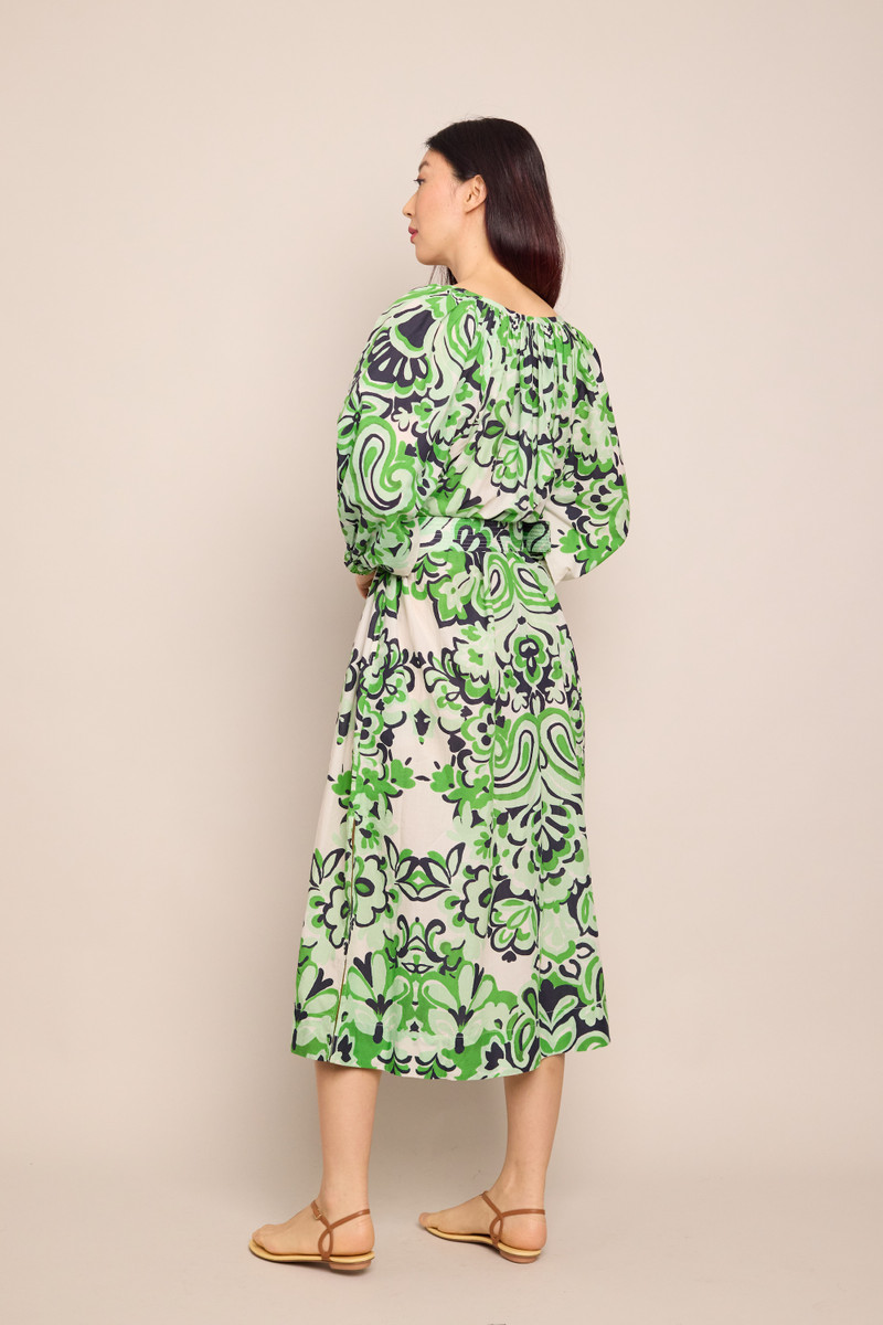 Simone Cover-Up Dress Breezy Volume, Blouson Sleeves, Raffia Buckle and Crochet-Covered Buttons 3
