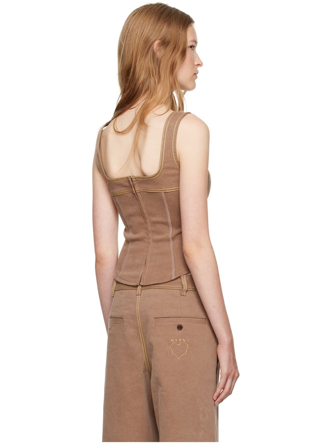 Brown Contrast Stitching Denim Tank Top - 3