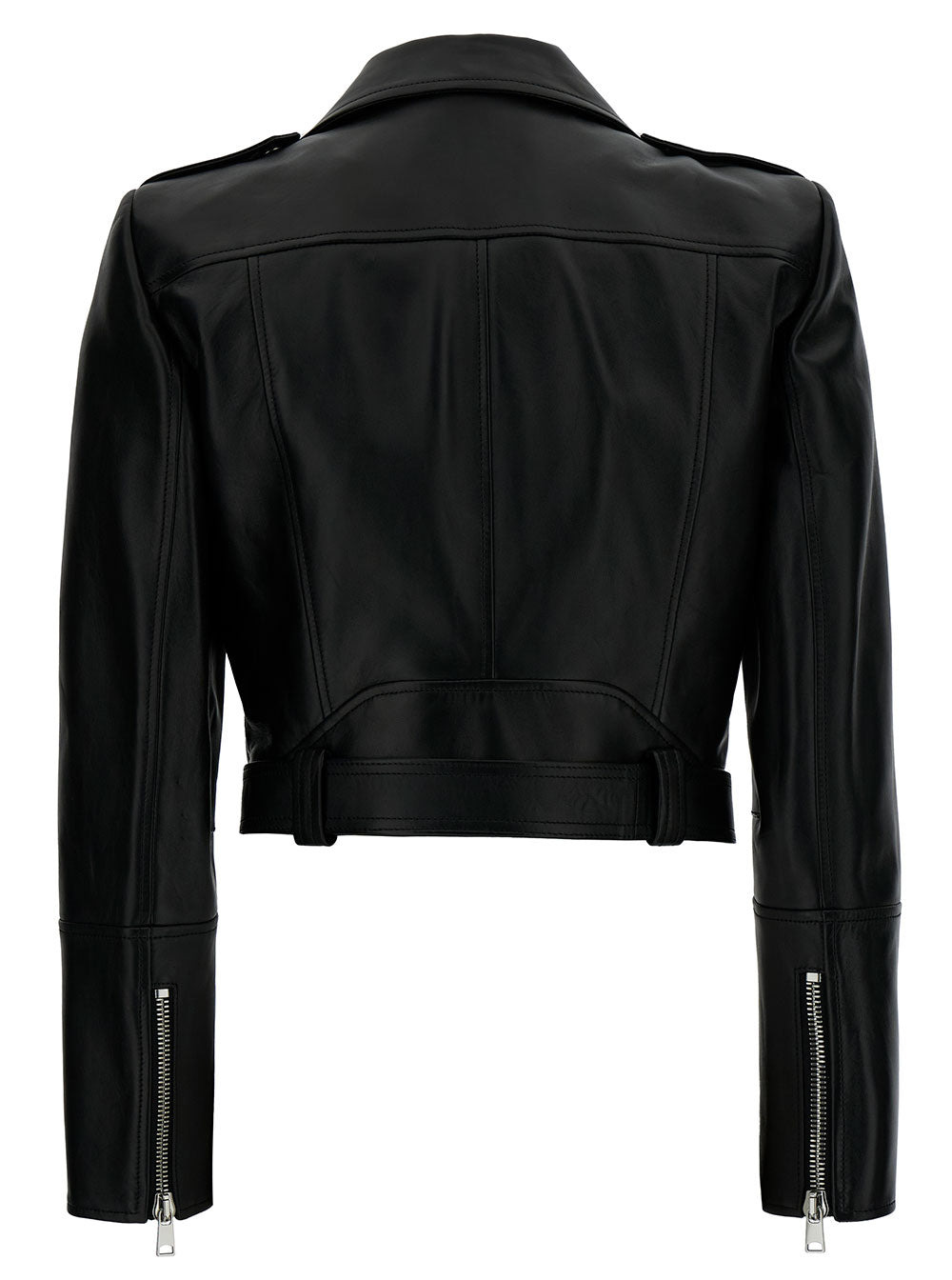 Alexander Mcqueen Women Black Cropped Biker Jacker With Matching Belt In Smooth Leather Woman - 2