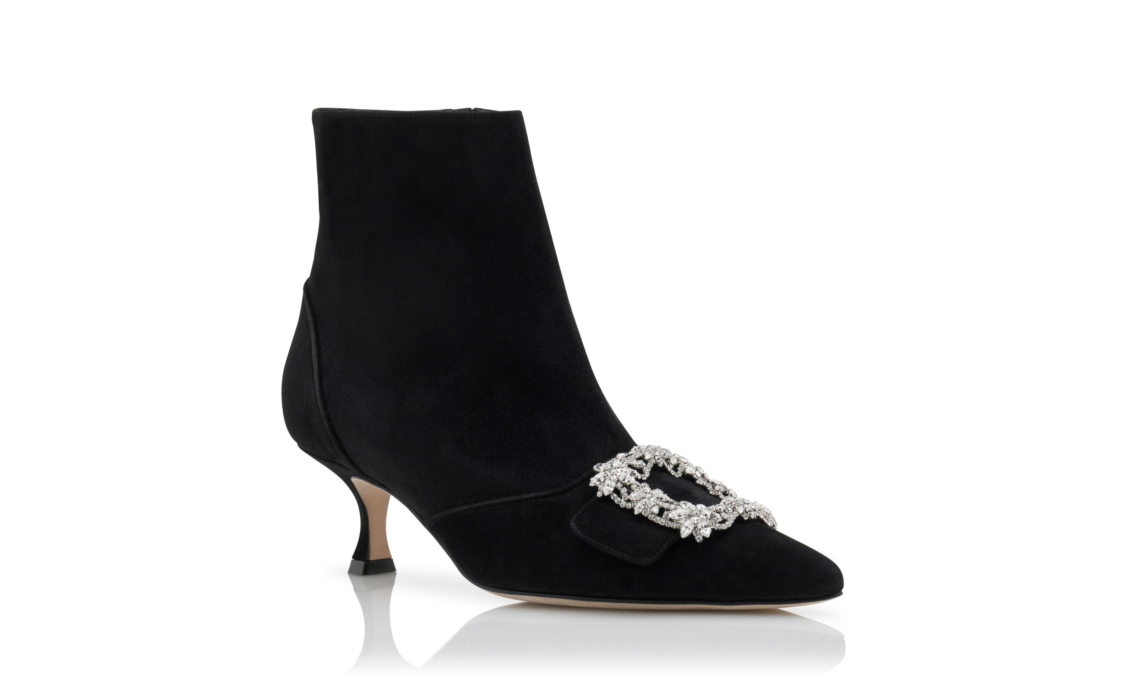 Black Suede Crystal Buckle Ankle Boots - 3