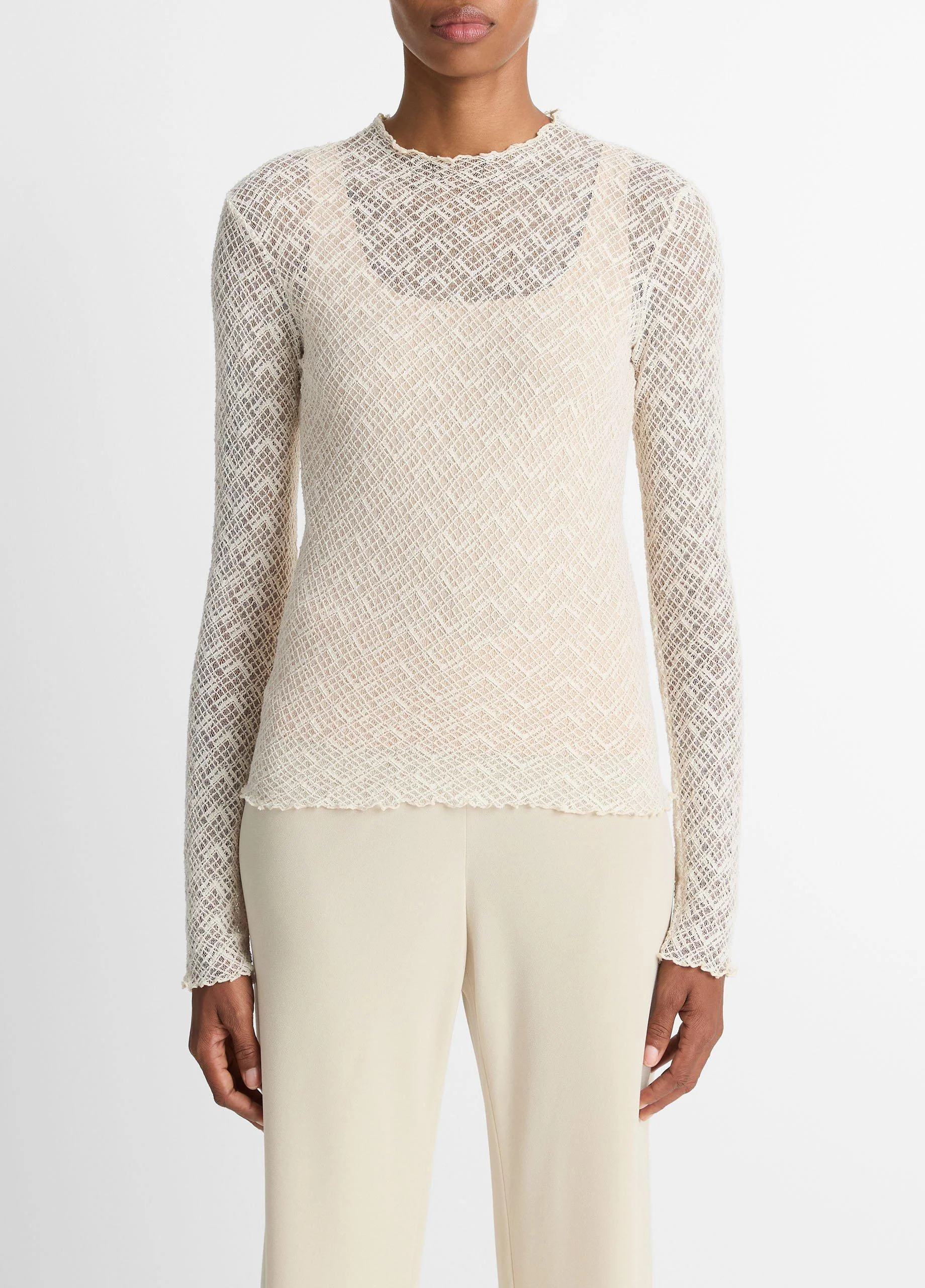 Cotton-Blend Diamond Lace Mock-Neck Long-Sleeve Top - 1