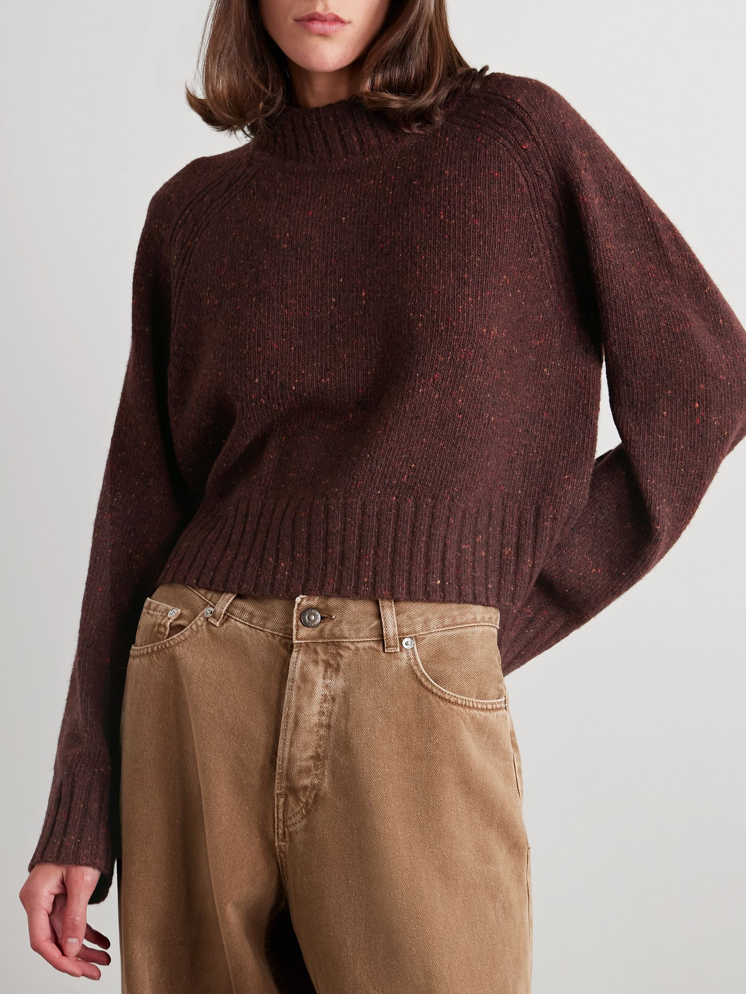 Cropped recycled-cashmere and merino wool-blend turtleneck sweater Plum - 3