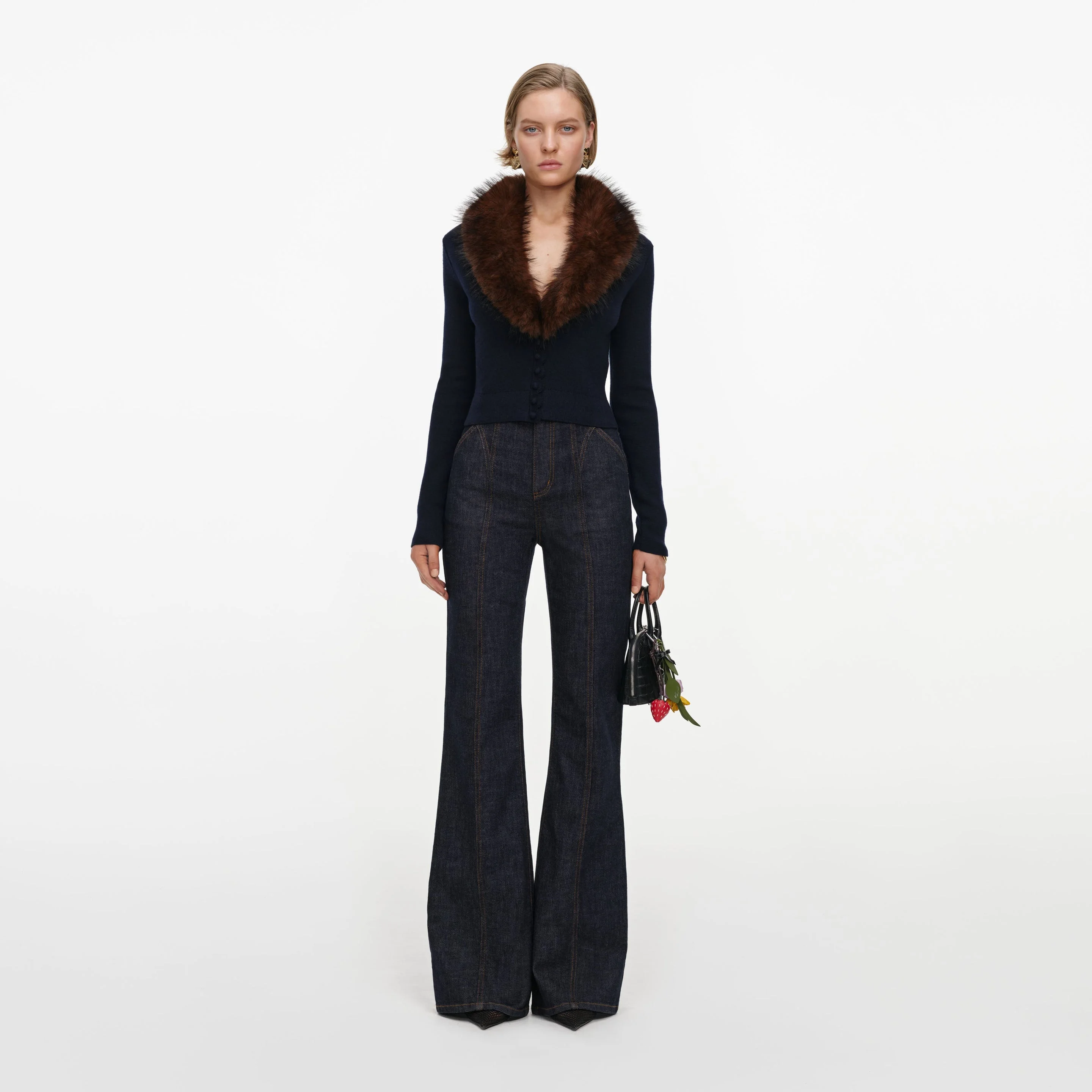 Navy Faux Fur Knit Cardigan - 1