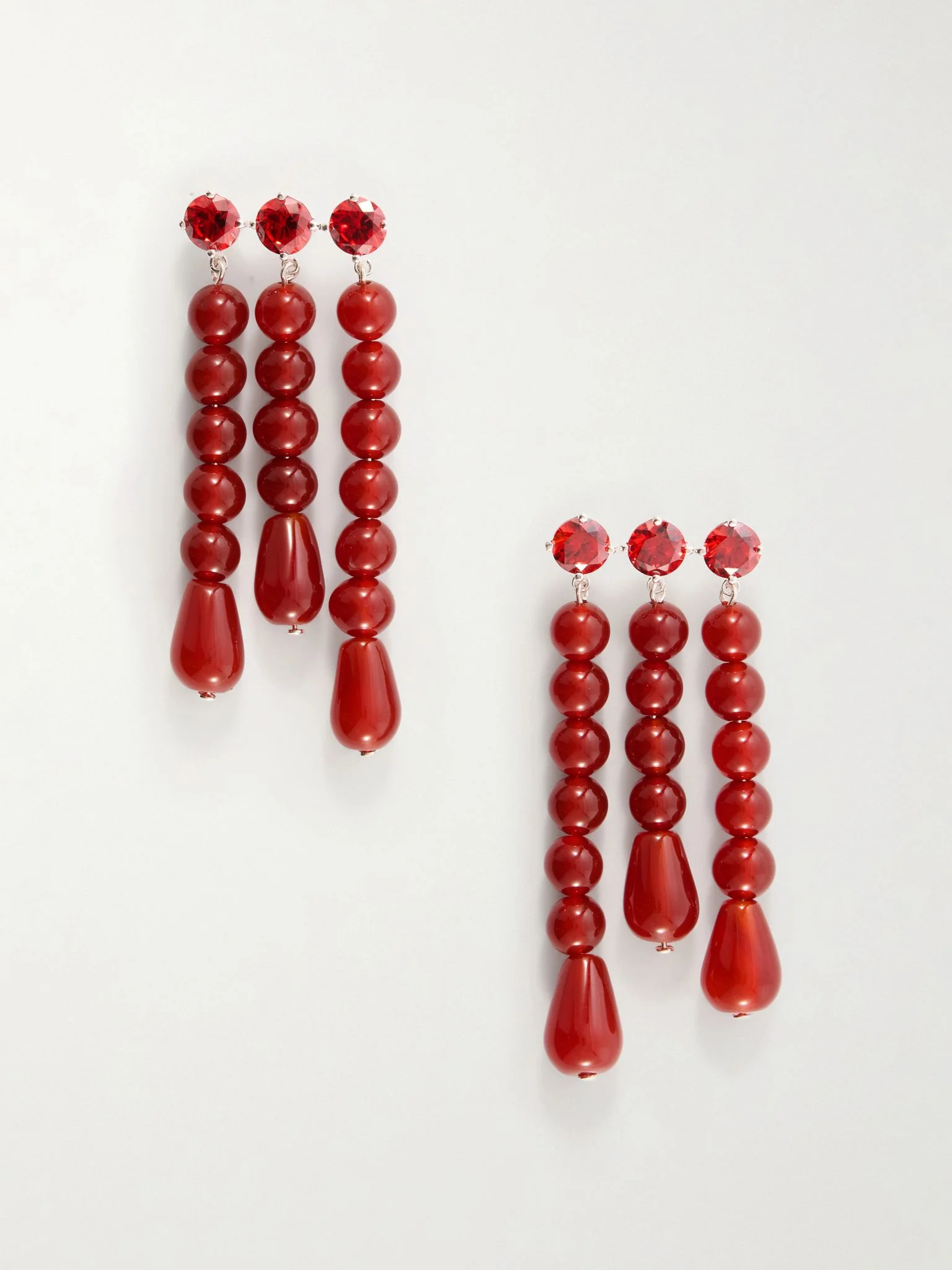 Weeping Willow beaded silver-plated agate and zirconia earrings Red - 1