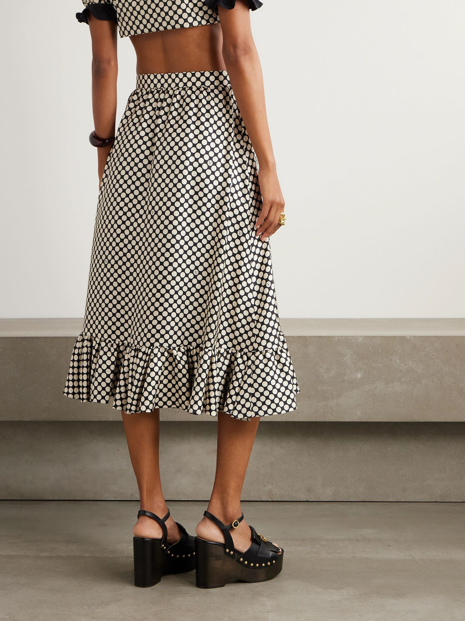 Ruffled wrap-effect polka-dot silk-twill midi skirt Black - 3