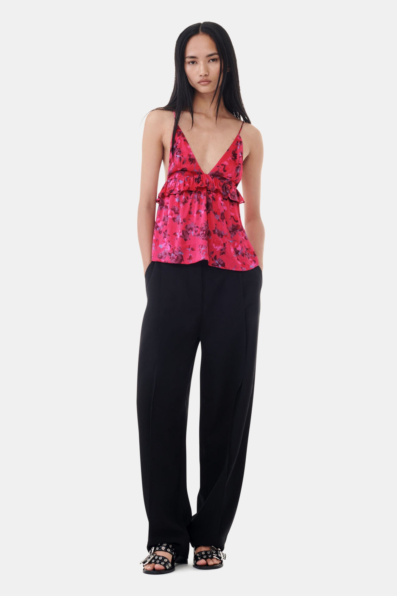 PINK FLORAL PRINTED SATIN STRAP TOP - 3