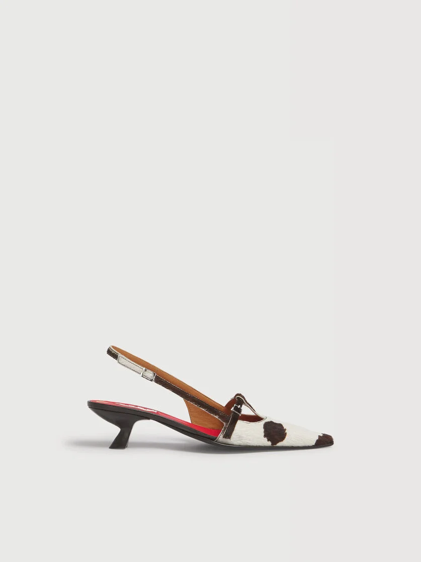 WHITE AND BROWN COW-PRINT PONYHAIR KATTY SLINGBACK - 1