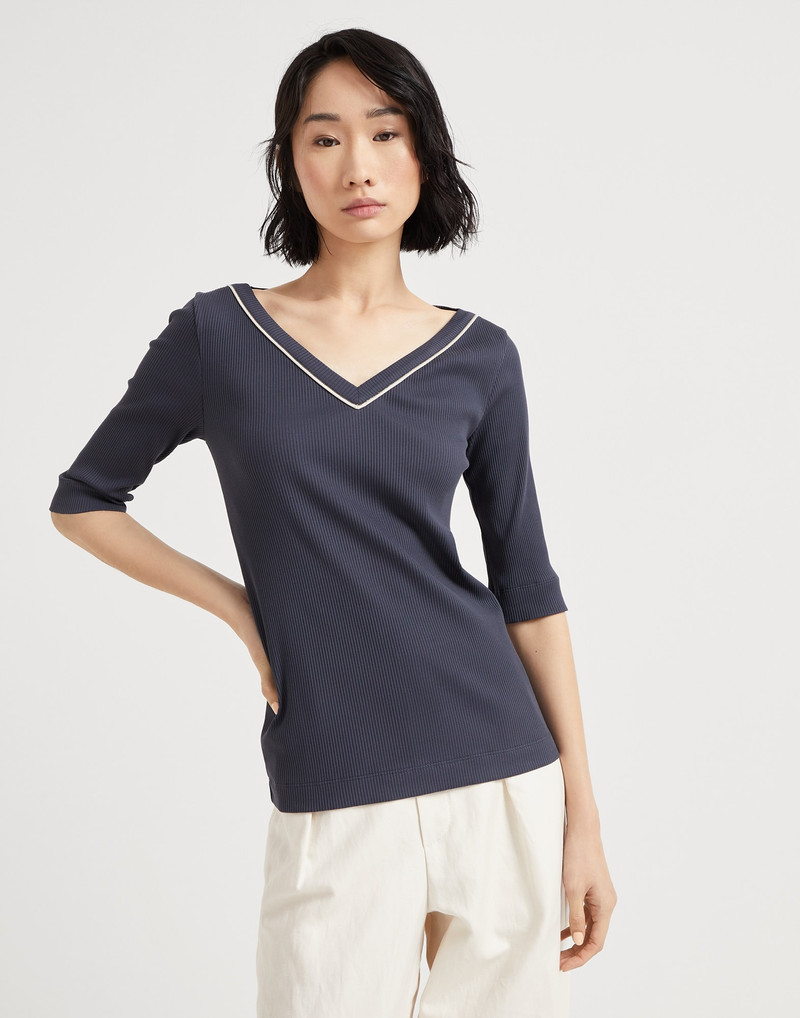 Comfort cotton ribbed jersey T-shirt with shiny piping 1