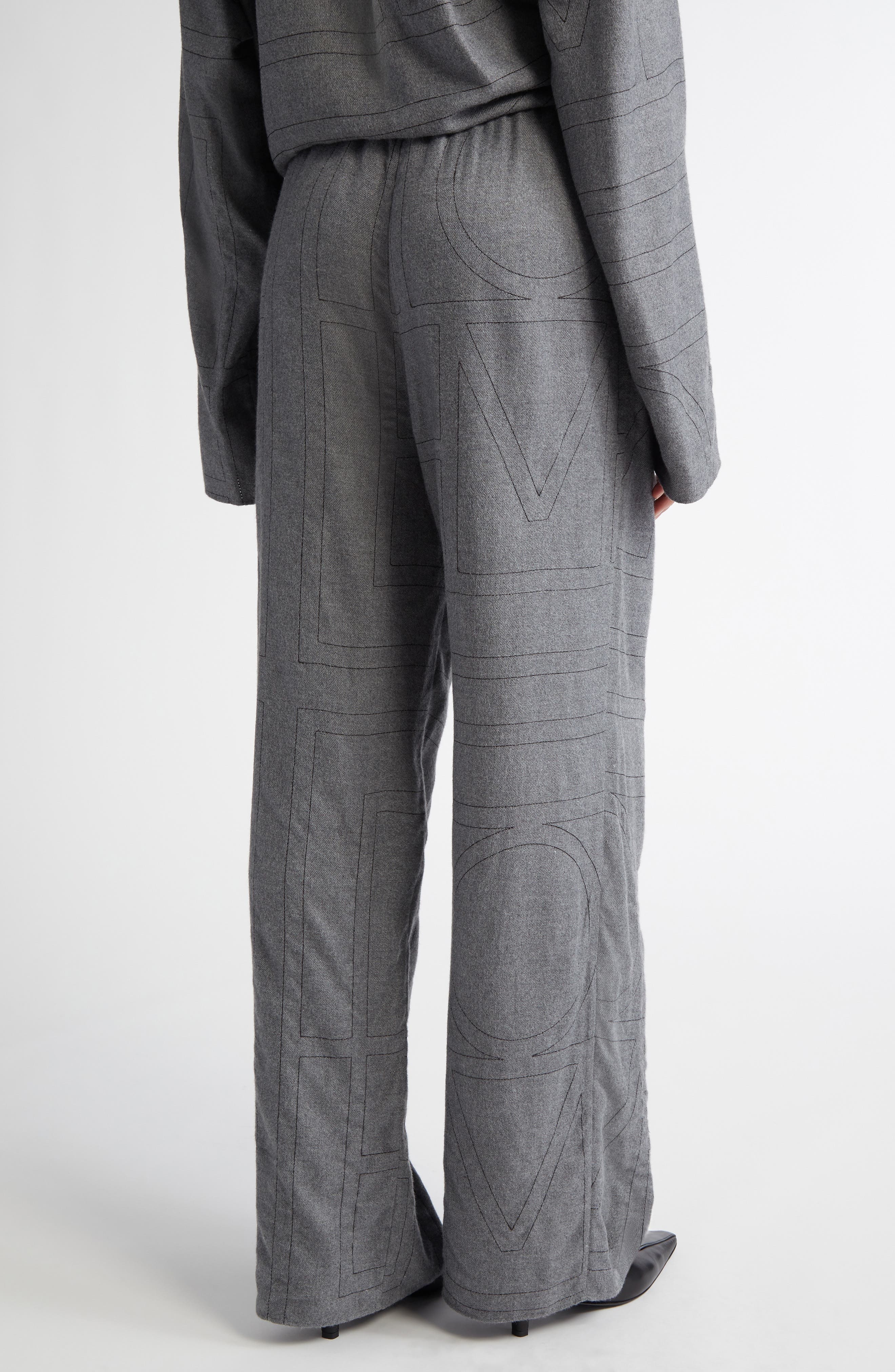 TOTEME Monogram Embroidered Flannel Wide Leg Pants in Smoke Melange at Nordstrom - 3