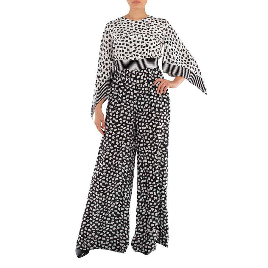 Max Mara Ladies White Black Origano Printed Silk Jumpsuit - 4