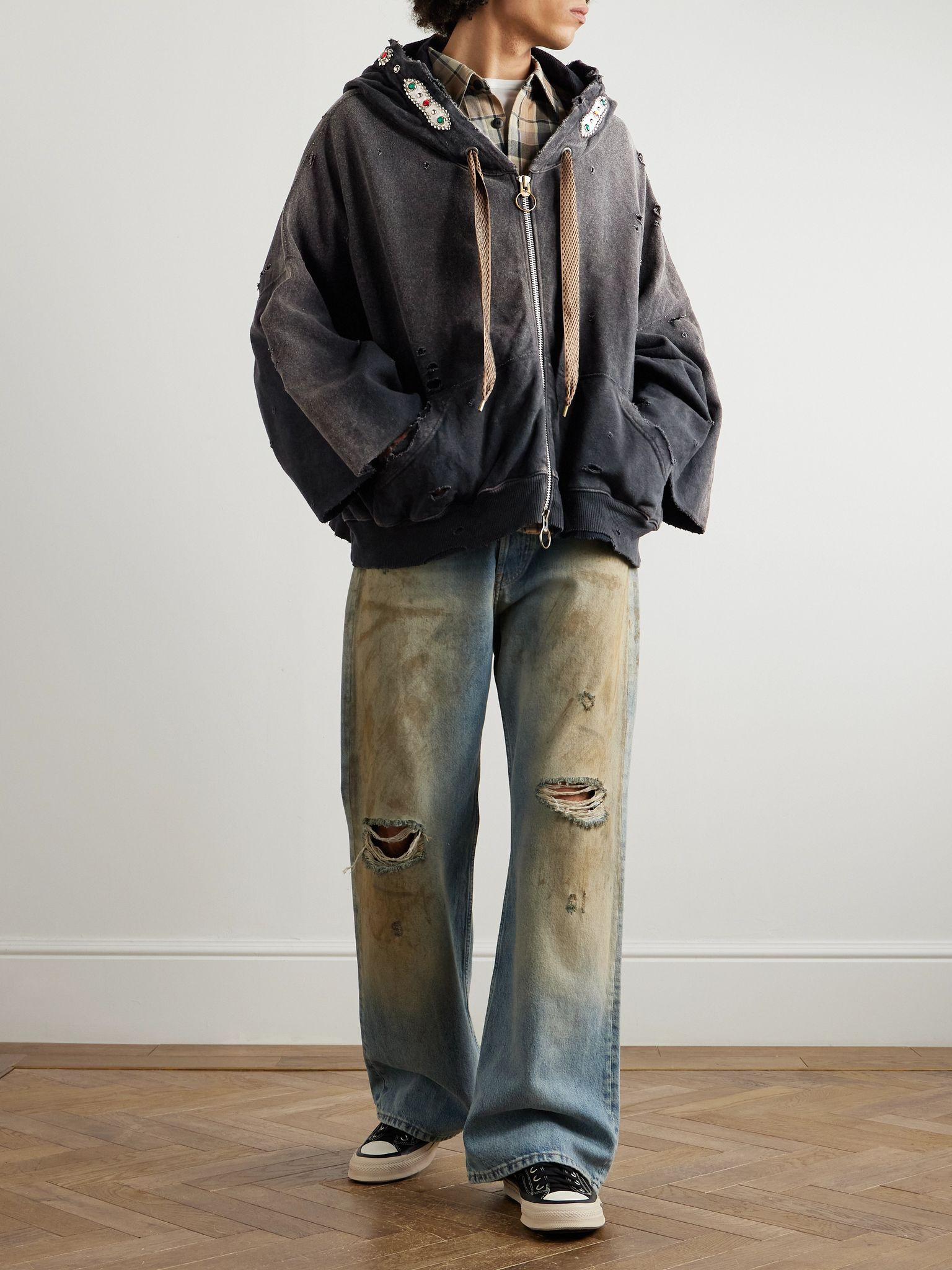 Embelished Distressed Cotton-Jersey Zip-Up Hoodie Black - 2