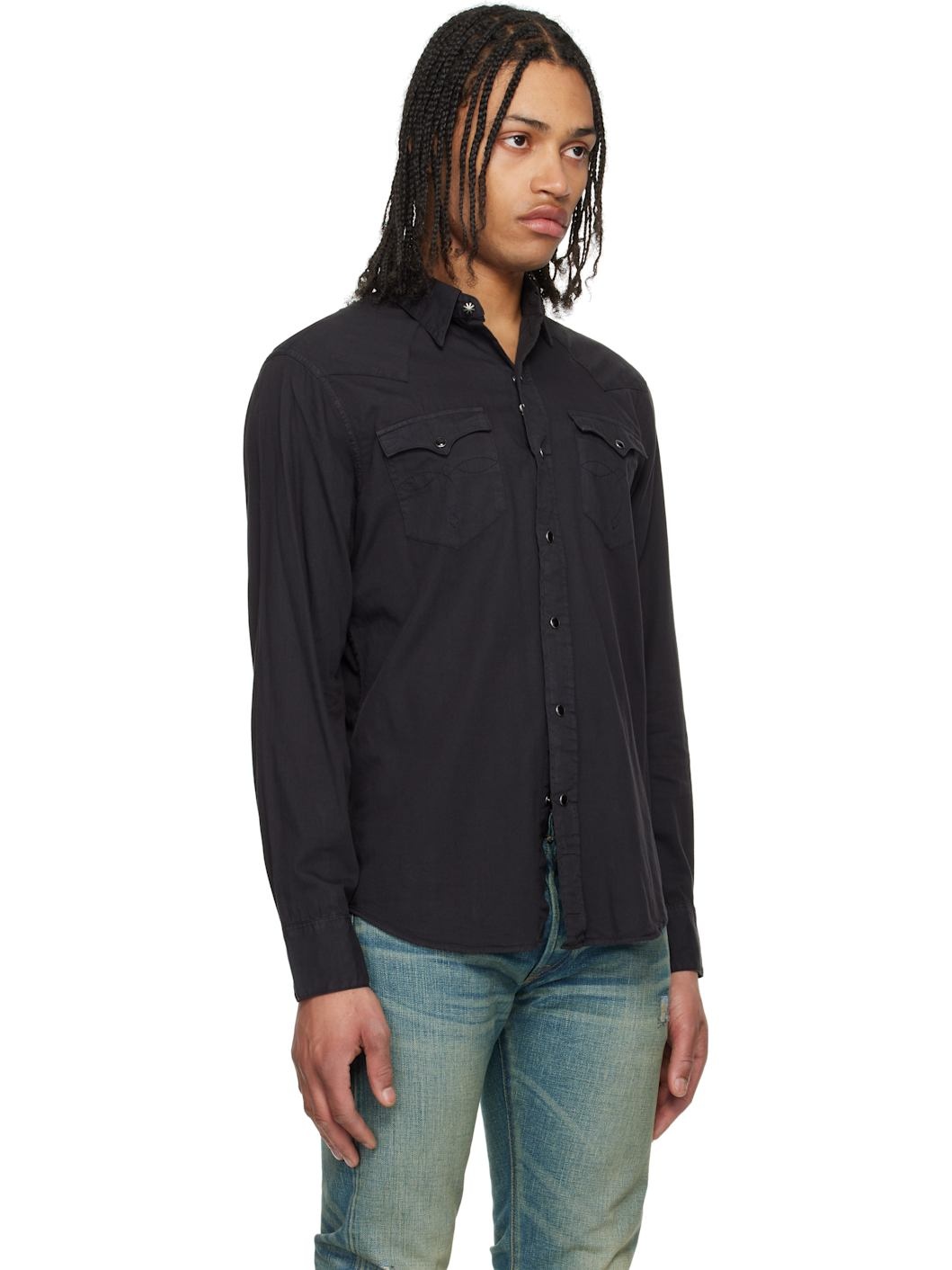 Black Slim Fit Twill Western Shirt - 2